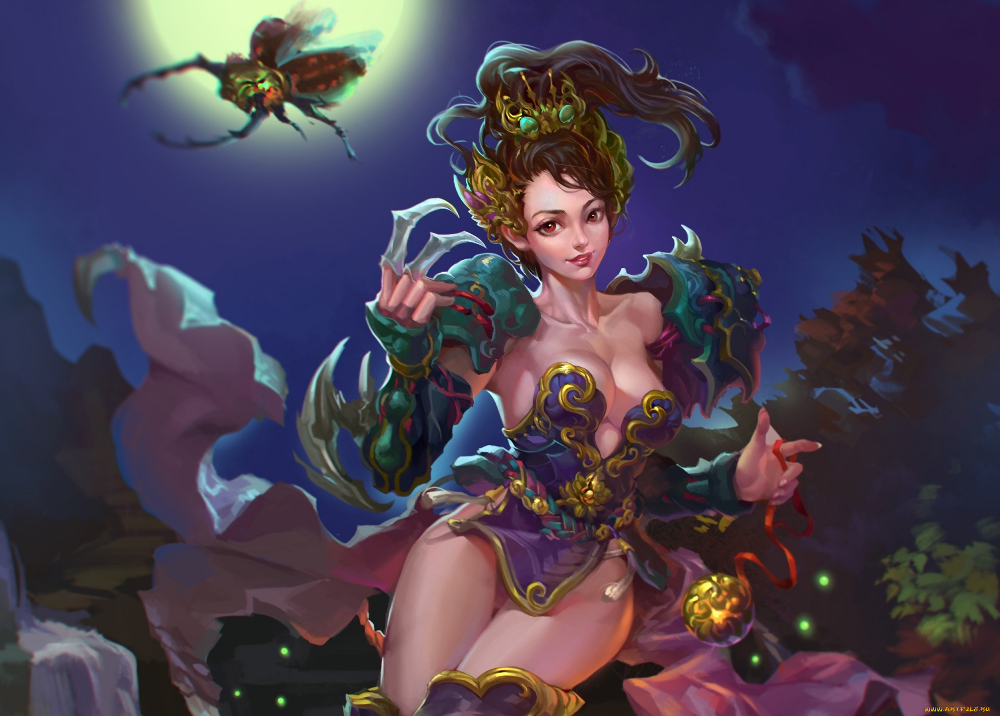 фэнтези, девушки, девушка, полнолуние, ночь, тело, красавица, луна, грудь, лезвие, когти, арт, платье, ноги