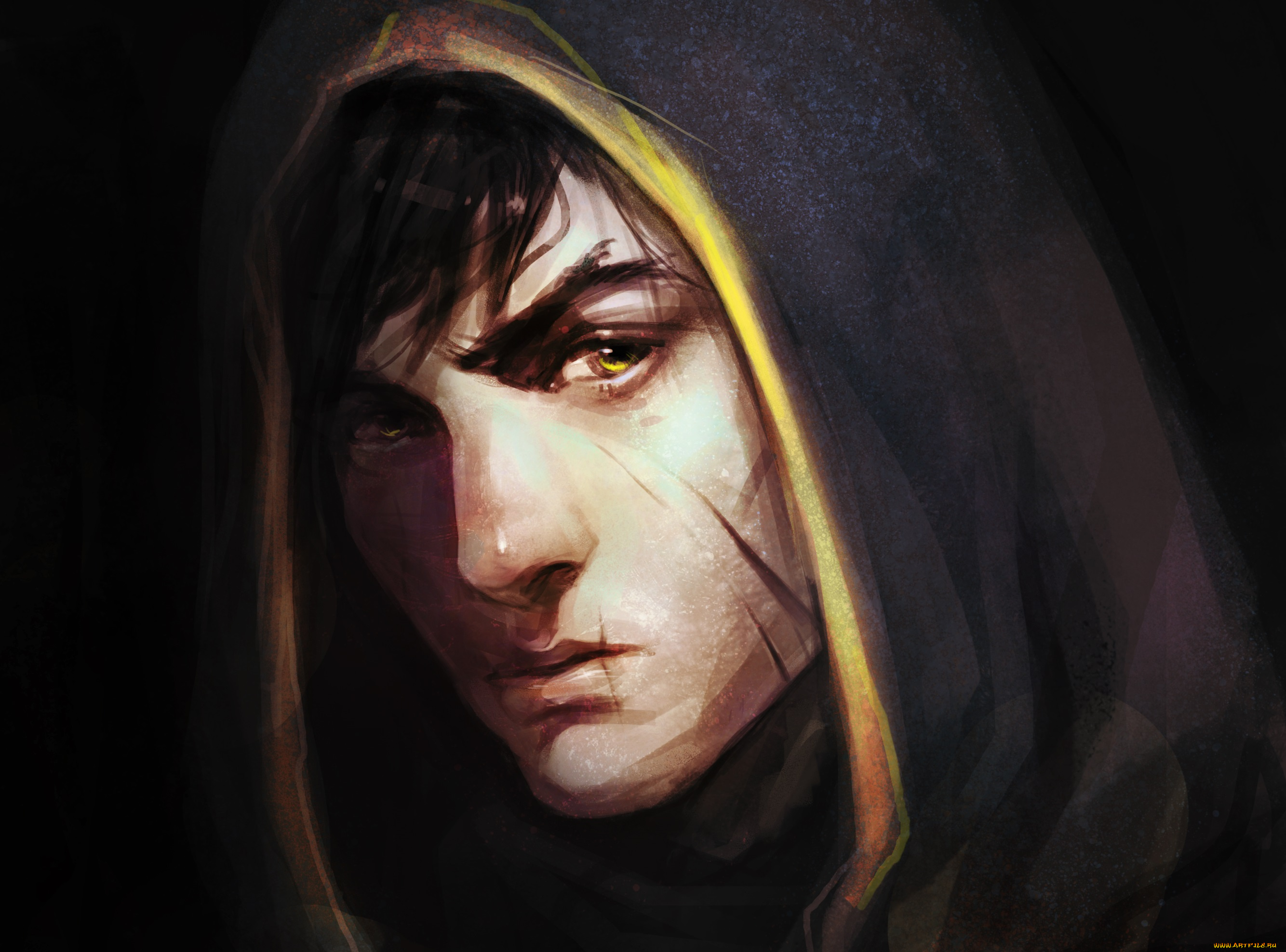 фэнтези, люди, арт, парень, капюшон, взгляд