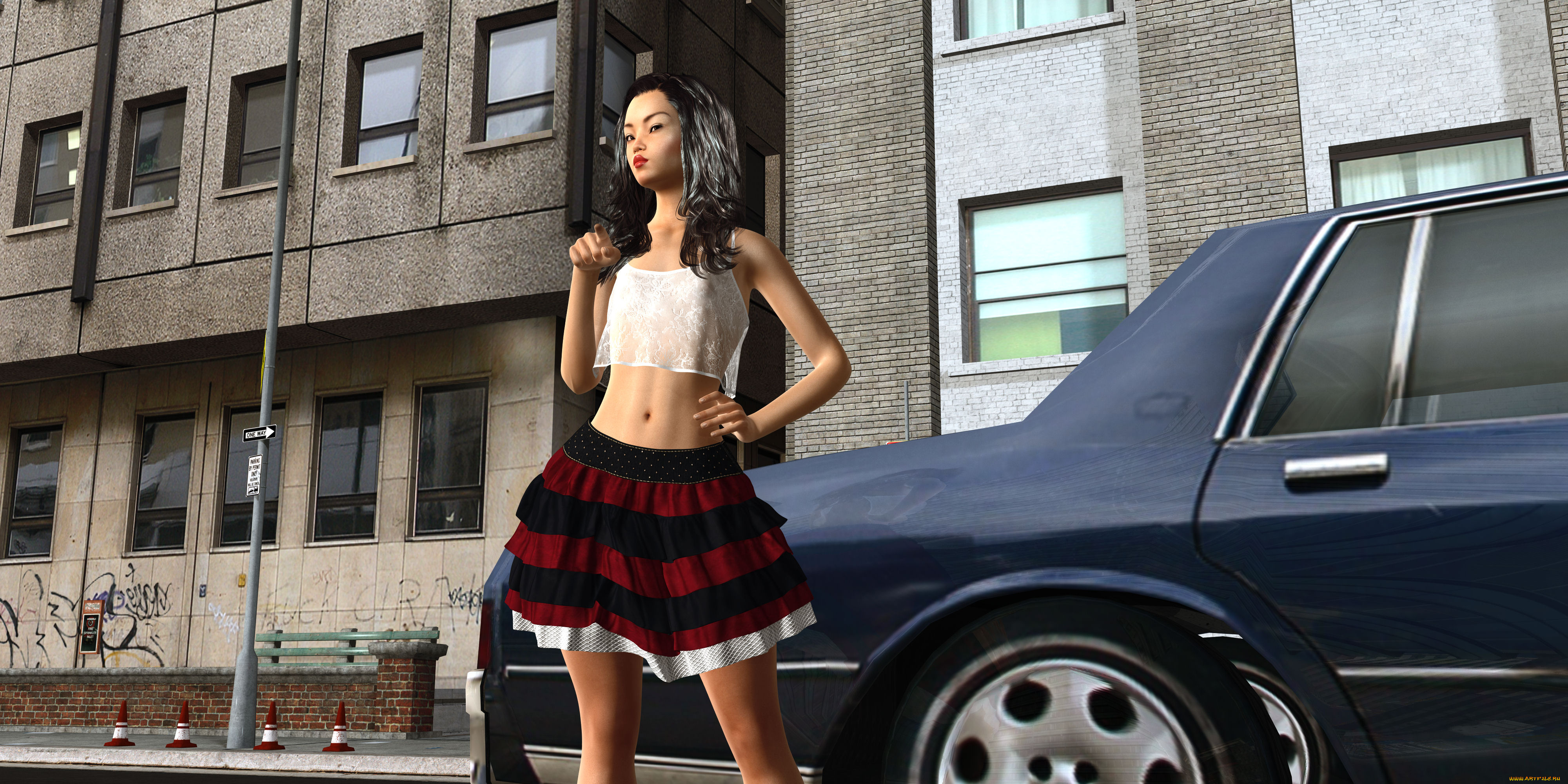 автомобили, 3d, car&girl, девушка, взгляд, фон, автомобиль