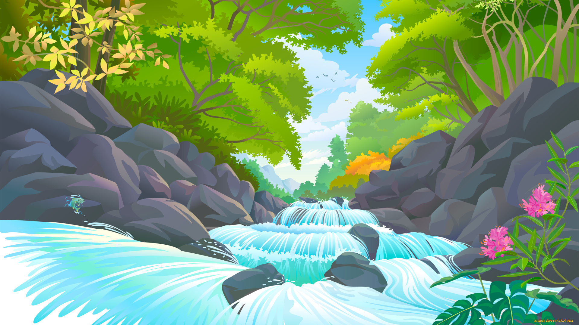 векторная, графика, природа, , nature, камни, река, цветы
