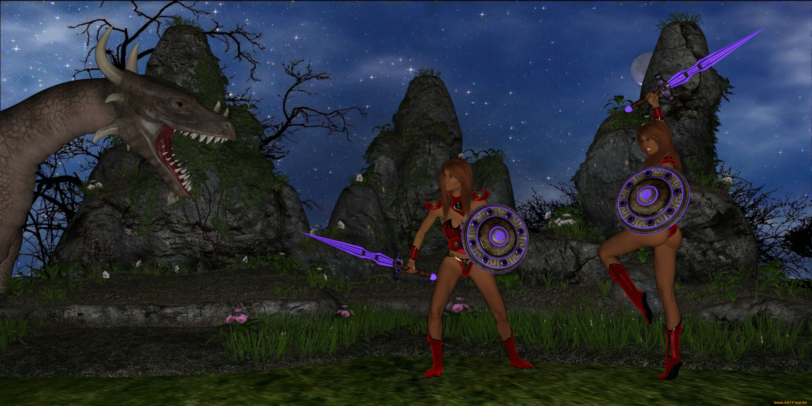 3д, графика, фантазия, , fantasy, оружие, дракон, девушки, взгляд, фон