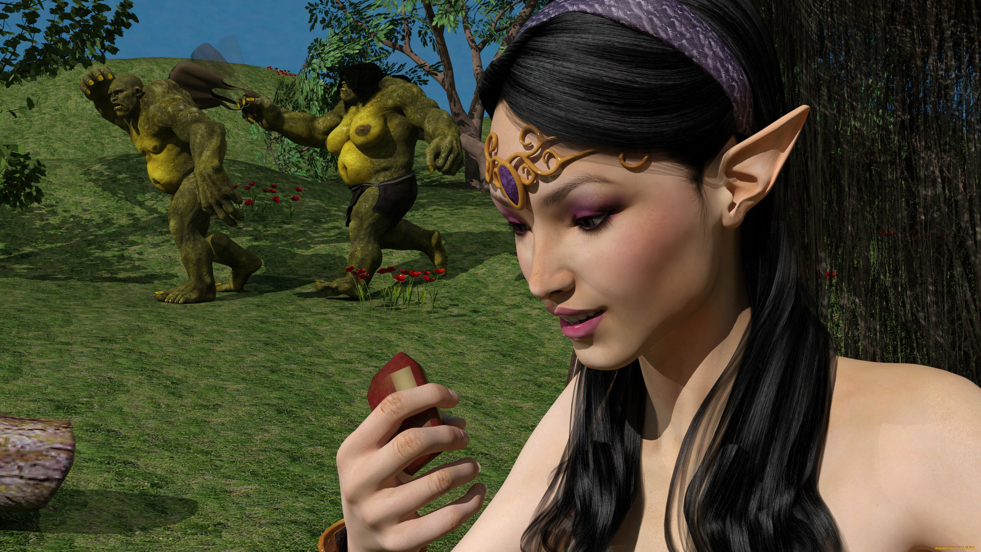 3д, графика, эльфы, , elves, фон, взгляд, эльфийка