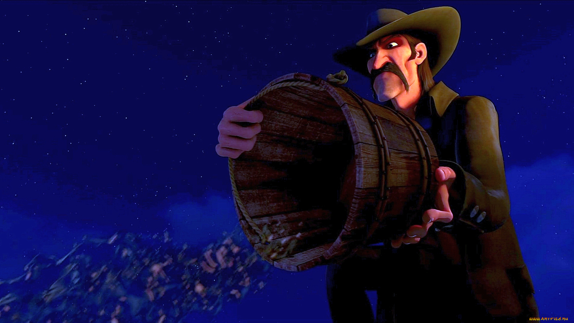 мультфильмы, free, birds, шляпа, вода, ведро, ночь, мужчина