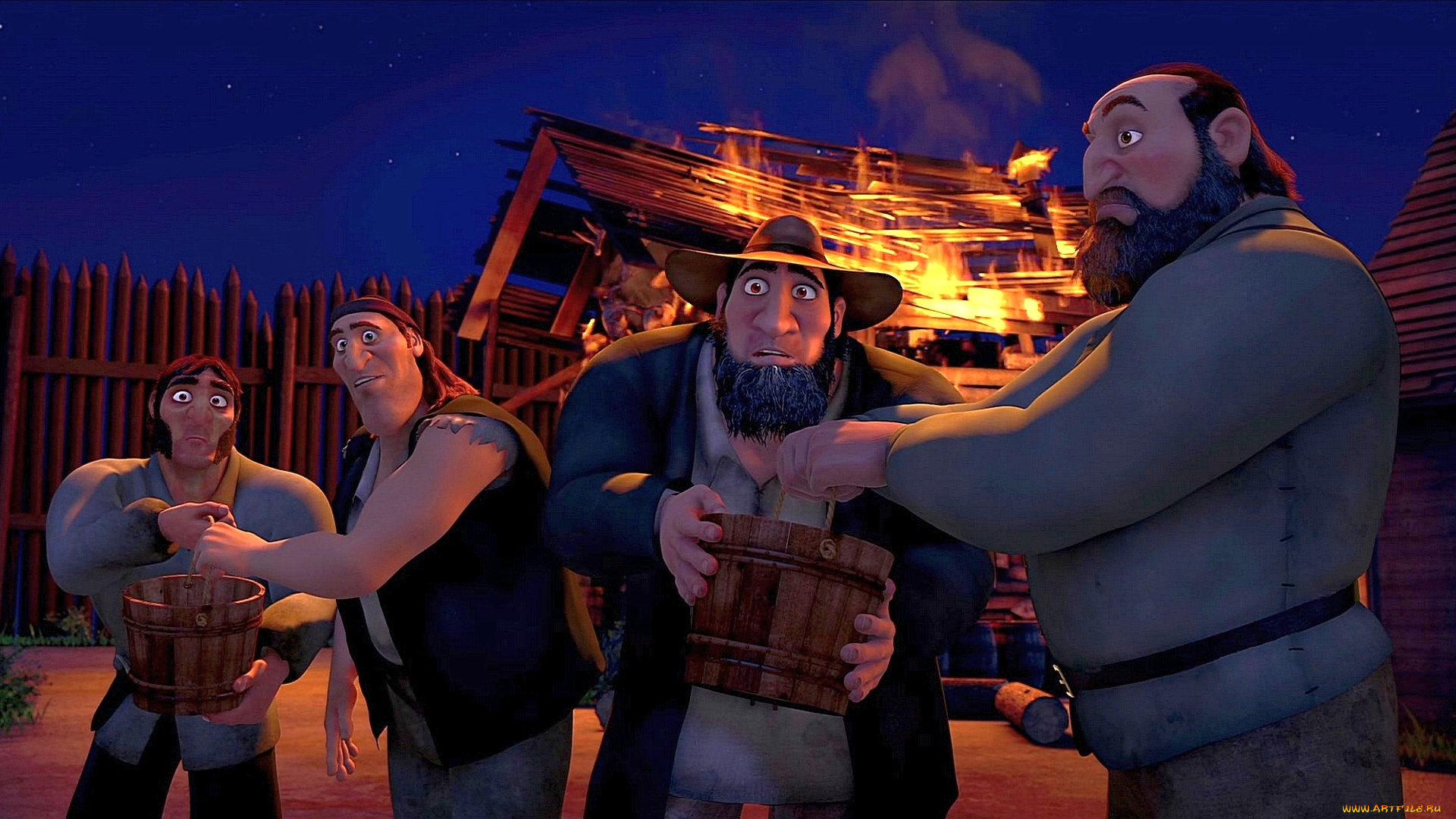 мультфильмы, free, birds, ведро, пожар, пламя, мужчина, ночь, взгляд