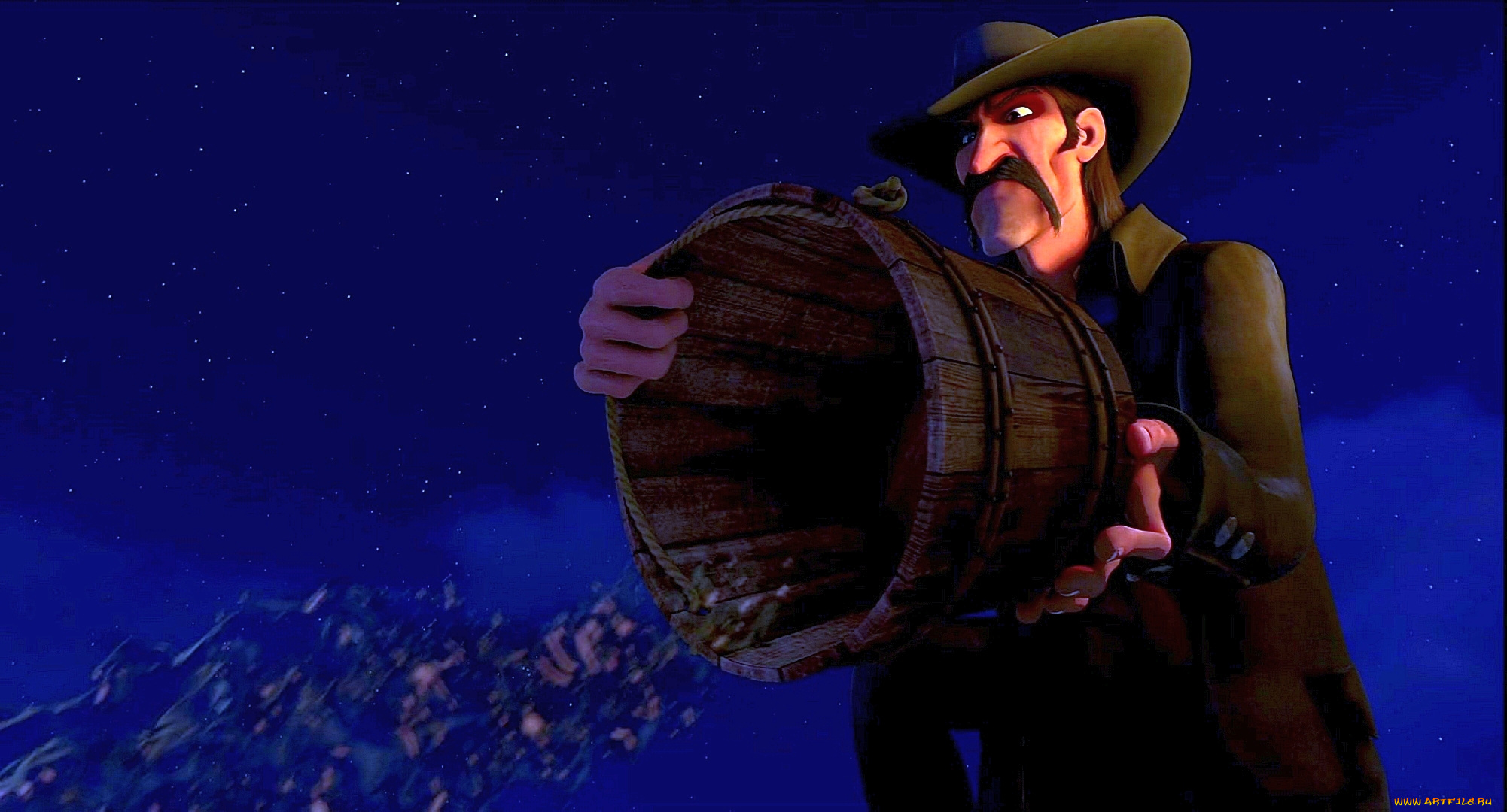 мультфильмы, free, birds, шляпа, вода, ведро, ночь, мужчина