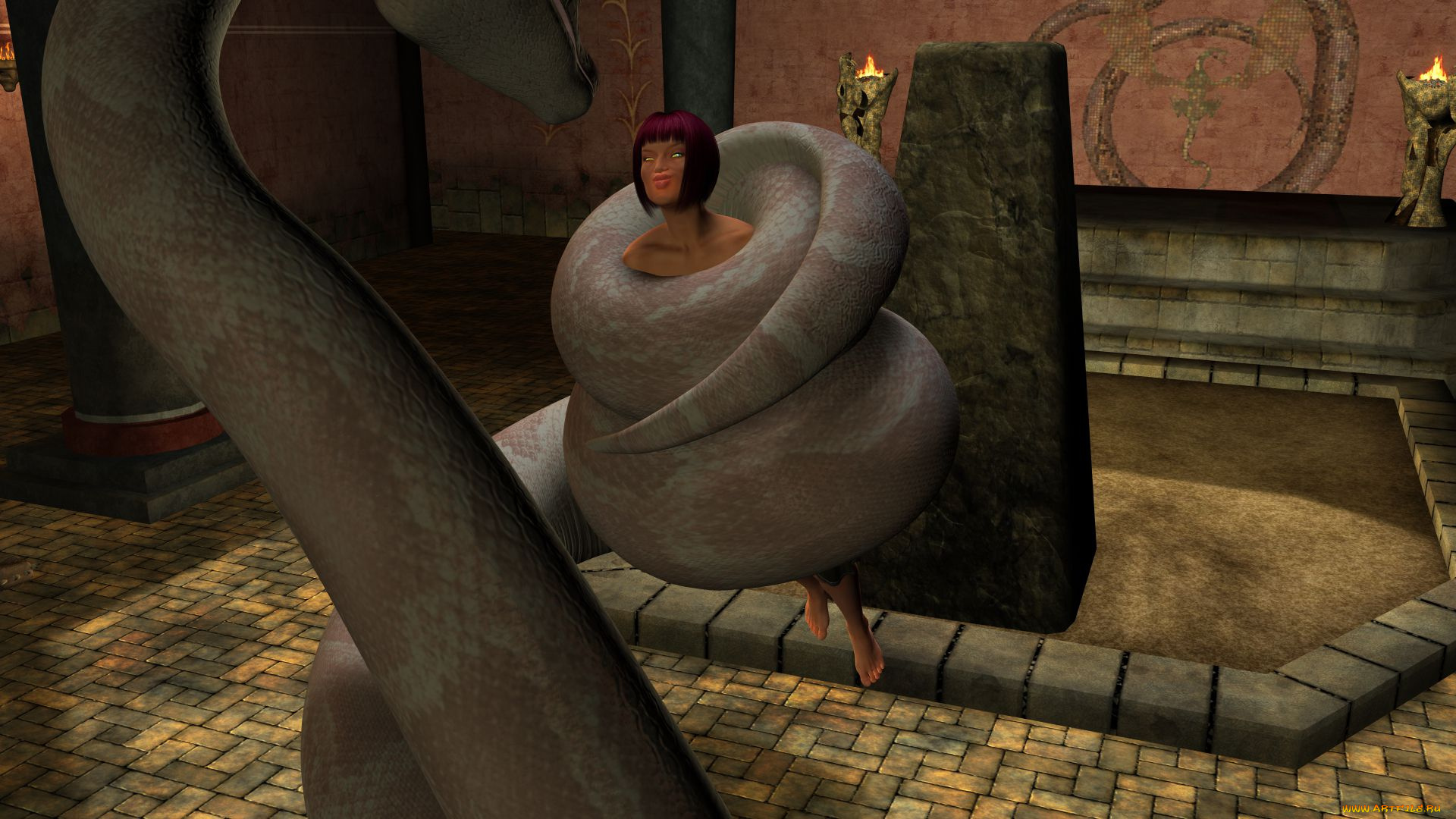 3д, графика, фантазия, , fantasy, змея, фон, взгляд, девушка