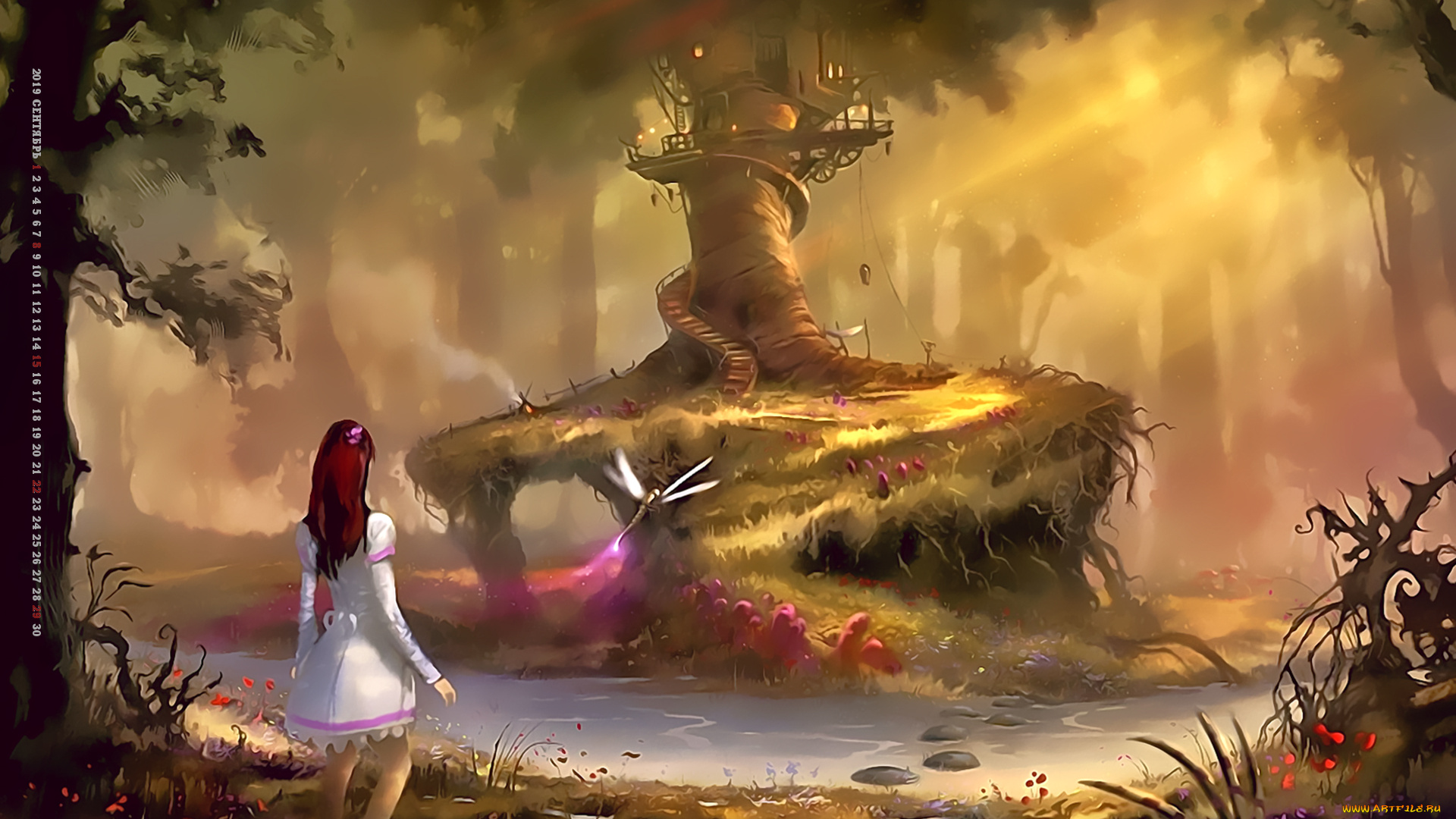 календари, фэнтези, 2019, calendar, стрекоза, лес, водоем, дерево, девочка