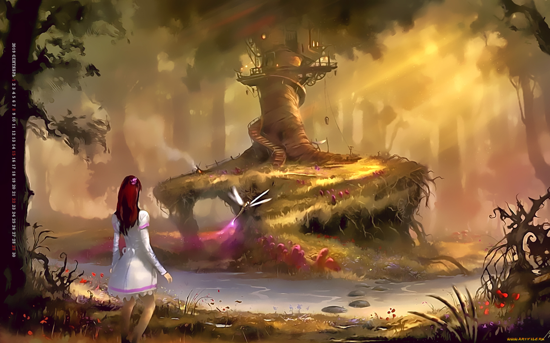 календари, фэнтези, 2019, calendar, стрекоза, лес, водоем, дерево, девочка