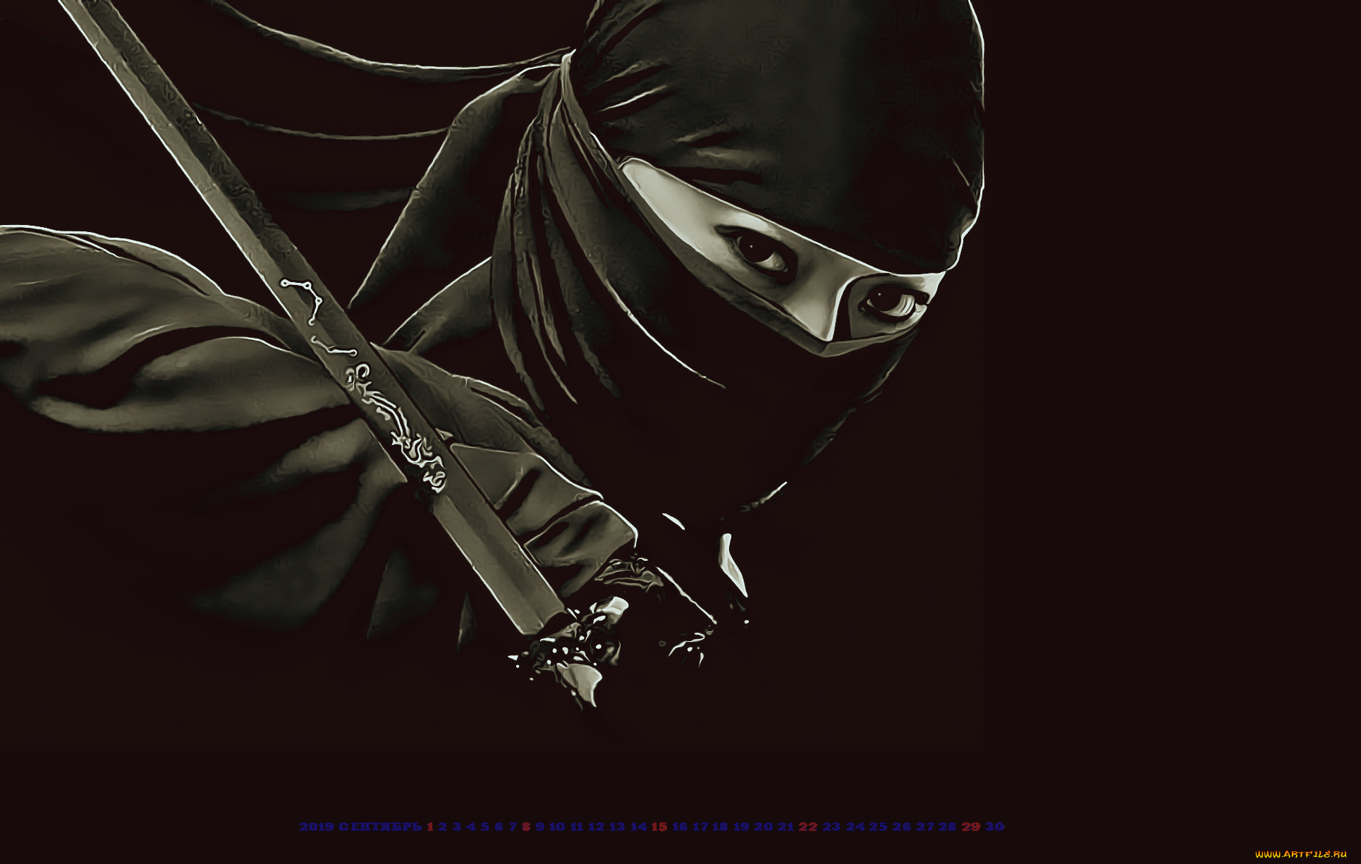 календари, компьютерный, дизайн, черный, оружие, женщина, лицо, девушка, маска, calendar, 2019