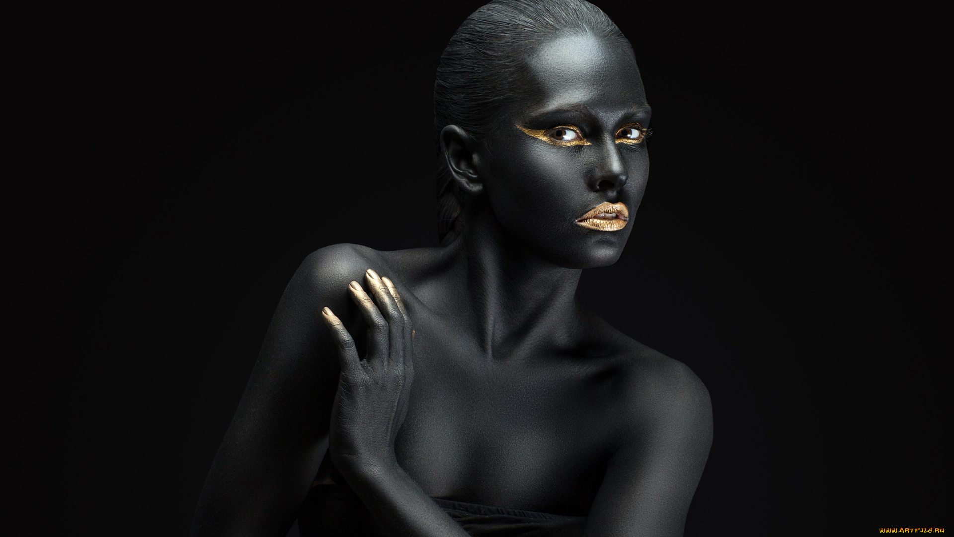 девушки, -, креатив, , косплей, чёрный, цвет, креатив, боди-арт, cosplay, брюнетка, девушка, модель, макияж, причёска, взгляд