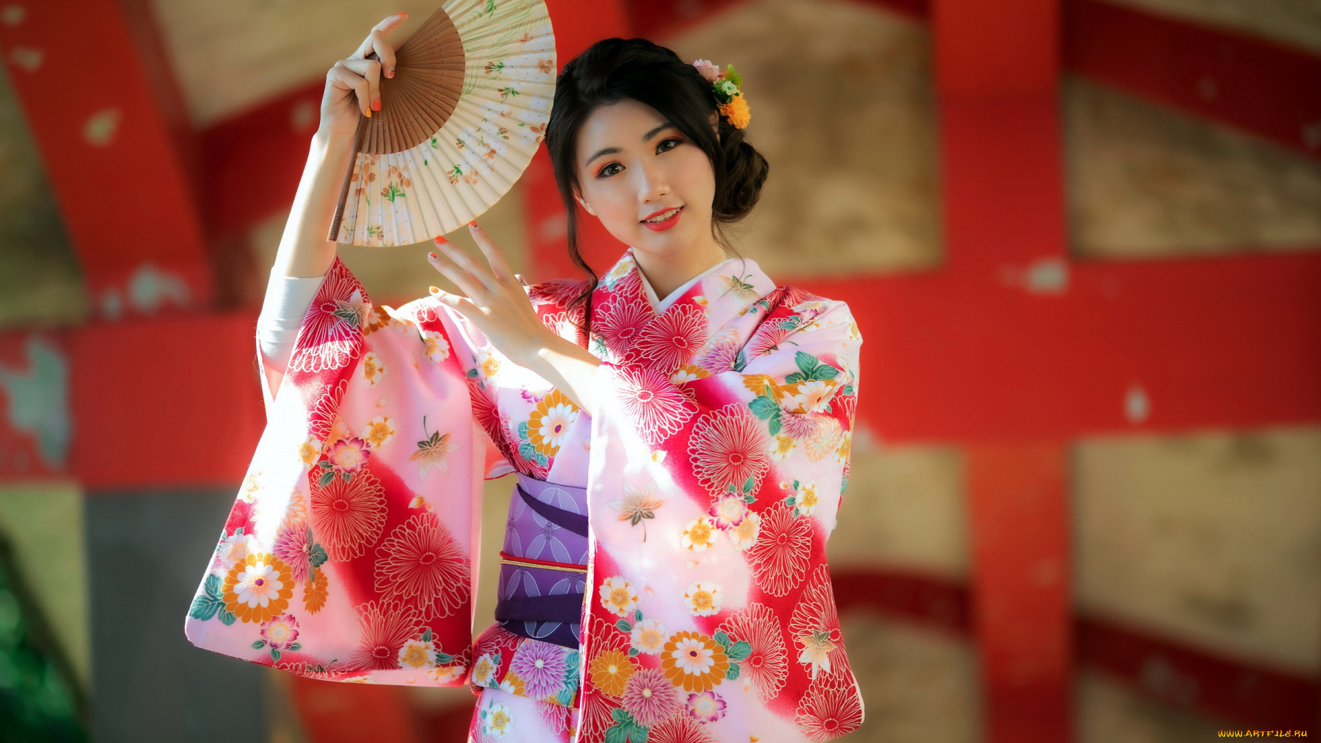 девушки, -, азиатки, азиатка, кимоно, веер