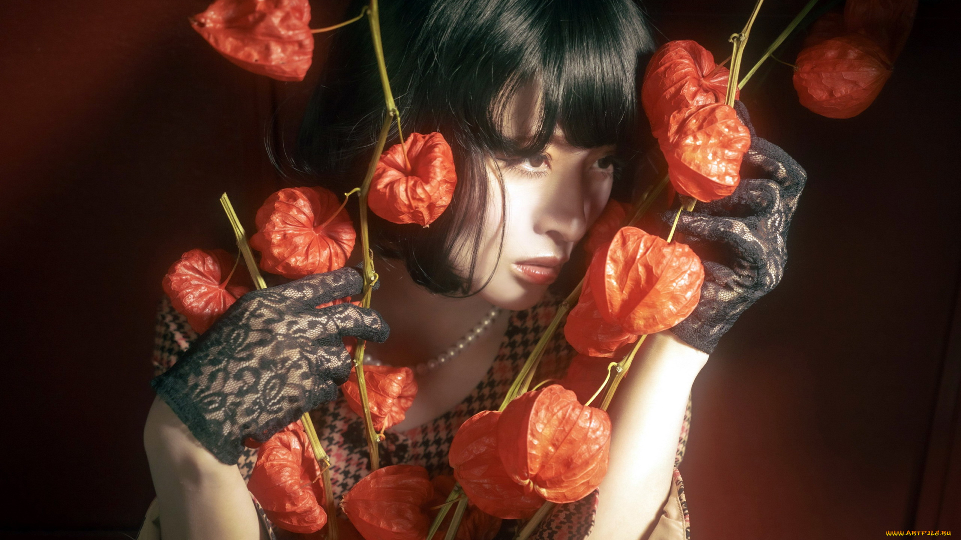 девушки, -, азиатки, азиатка, перчатки, физалис