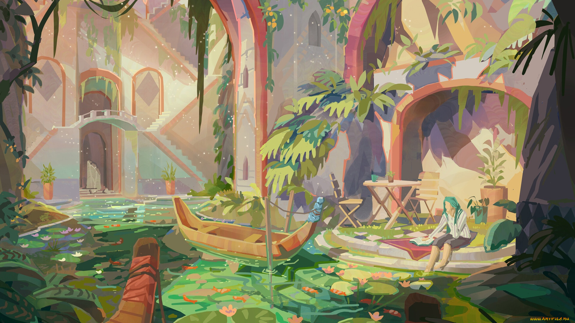 фэнтези, иные, миры, , иные, времена, город, дома, озеро, лодки, человек