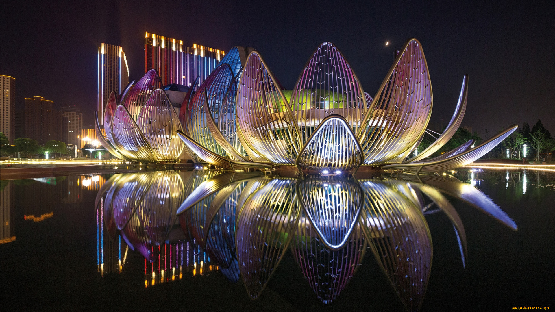 города, -, огни, ночного, города, иллюминация, огни, здания