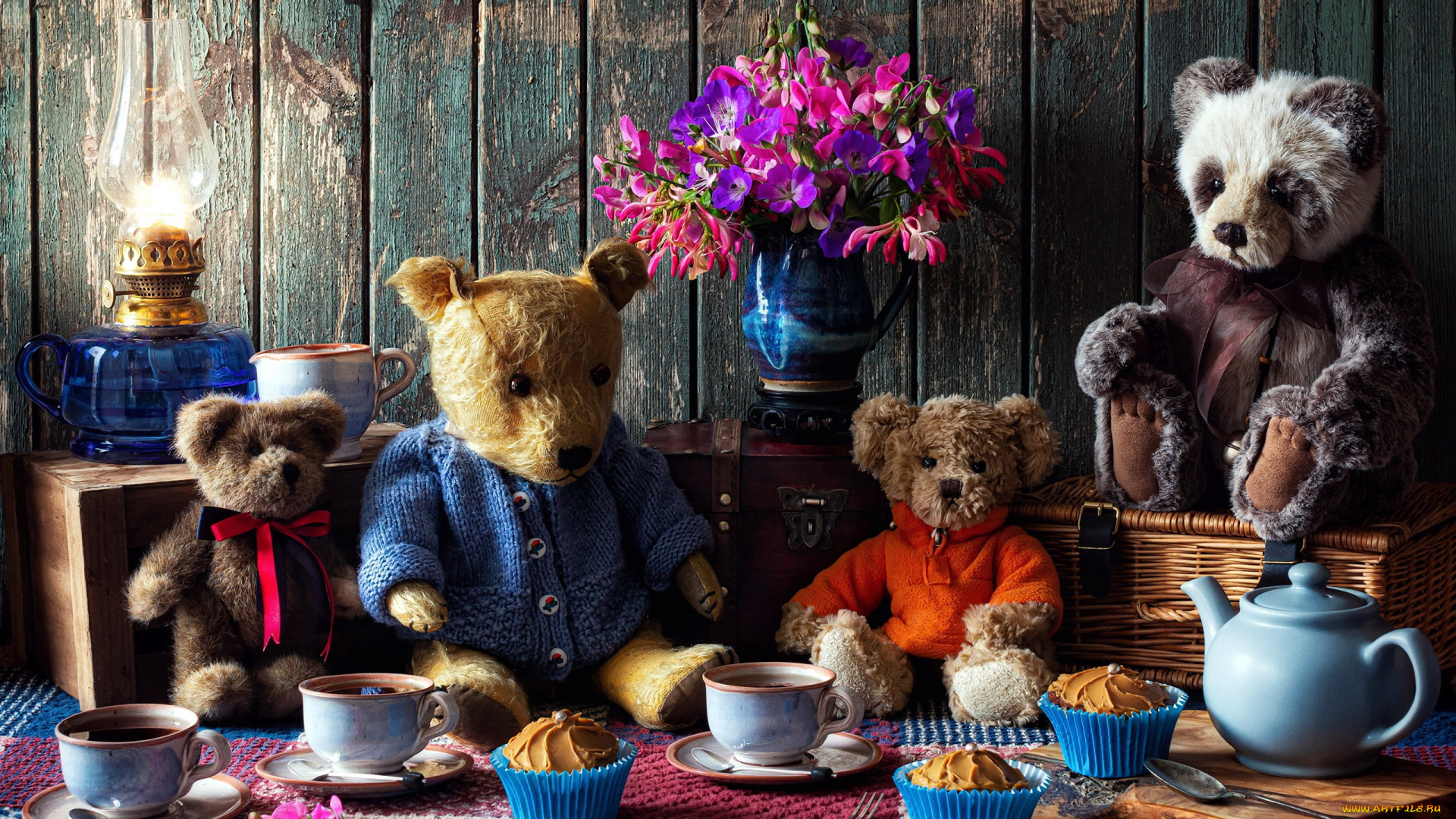 разное, игрушки, лампа, плюшевые, медведи, чаепитие, кексы
