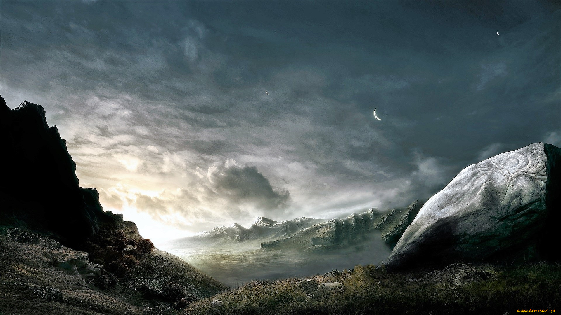 рисованное, природа, горы, небо, тучи