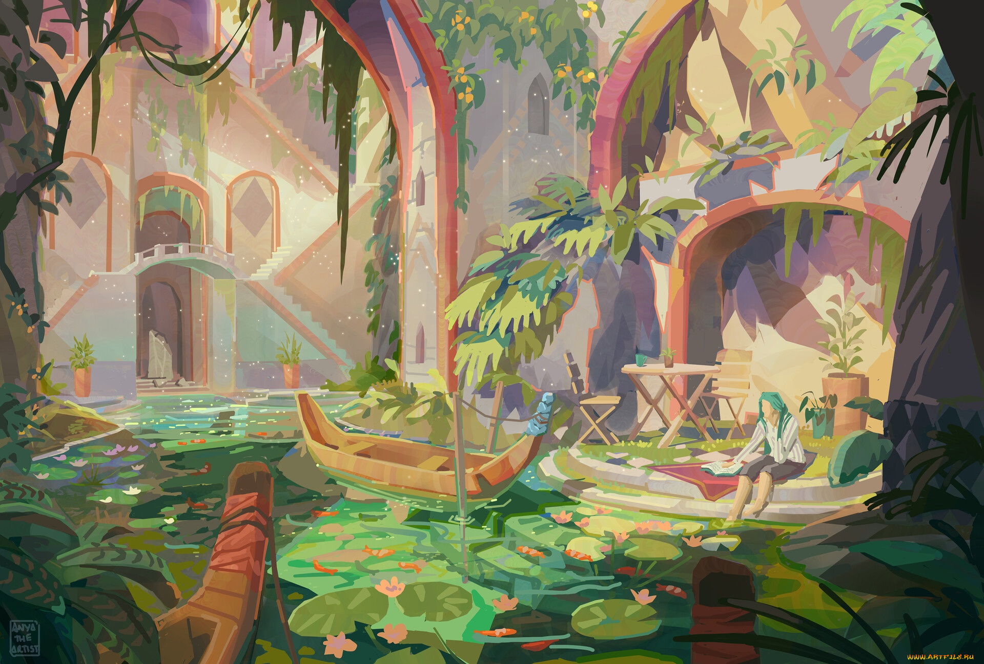 фэнтези, иные, миры, , иные, времена, город, дома, озеро, лодки, человек