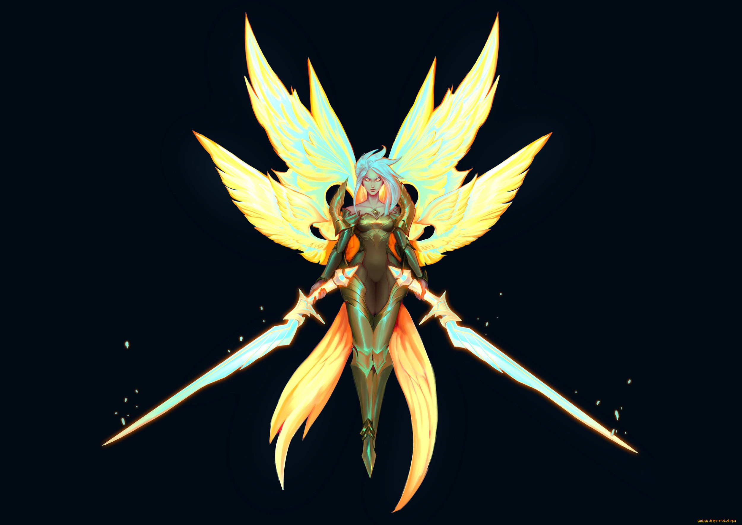 видео, игры, league, of, legends, девушка, мечи, крылья, kayle