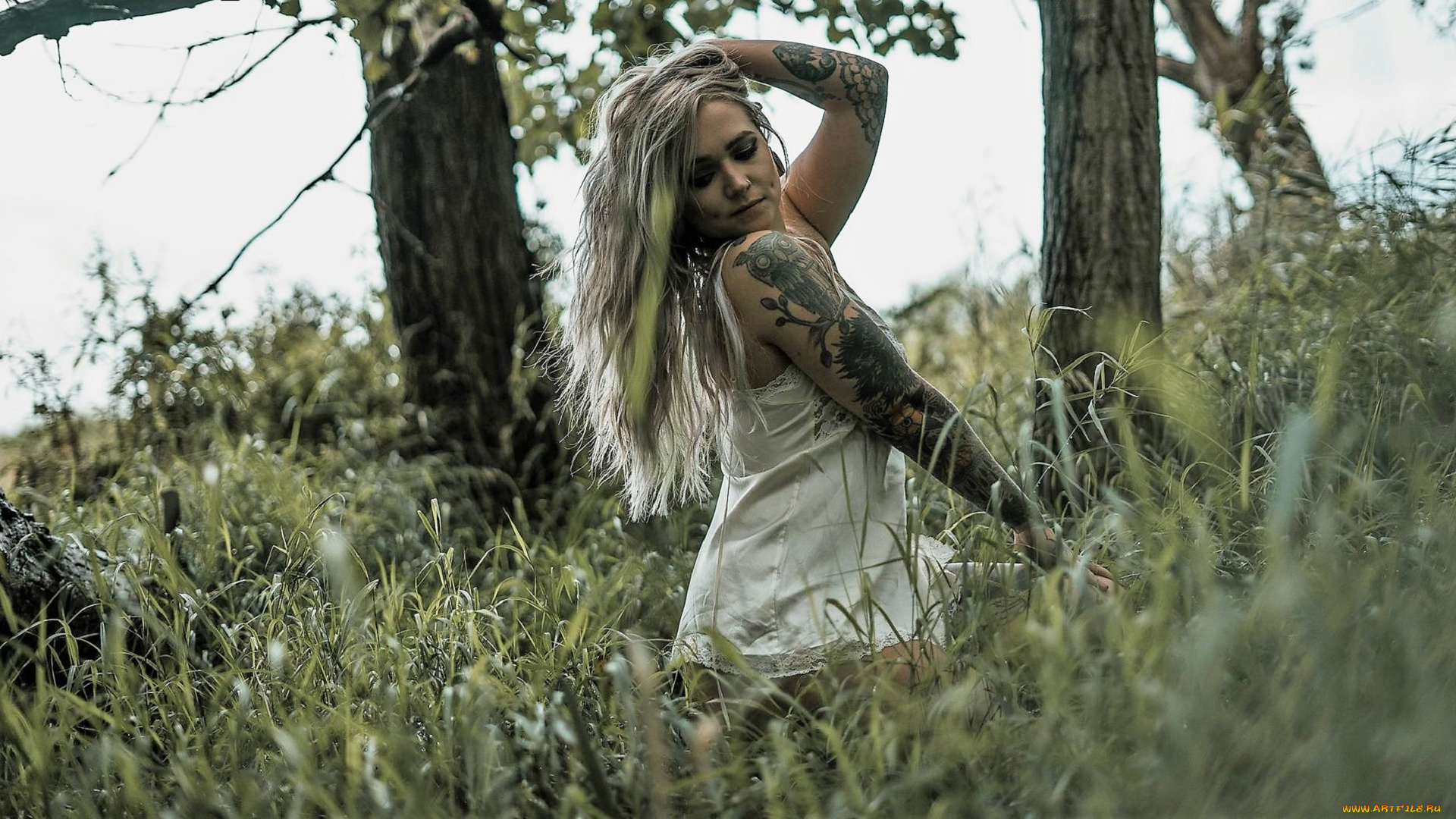 девушки, -, блондинки, , светловолосые, блондинка, белье, тату, трава