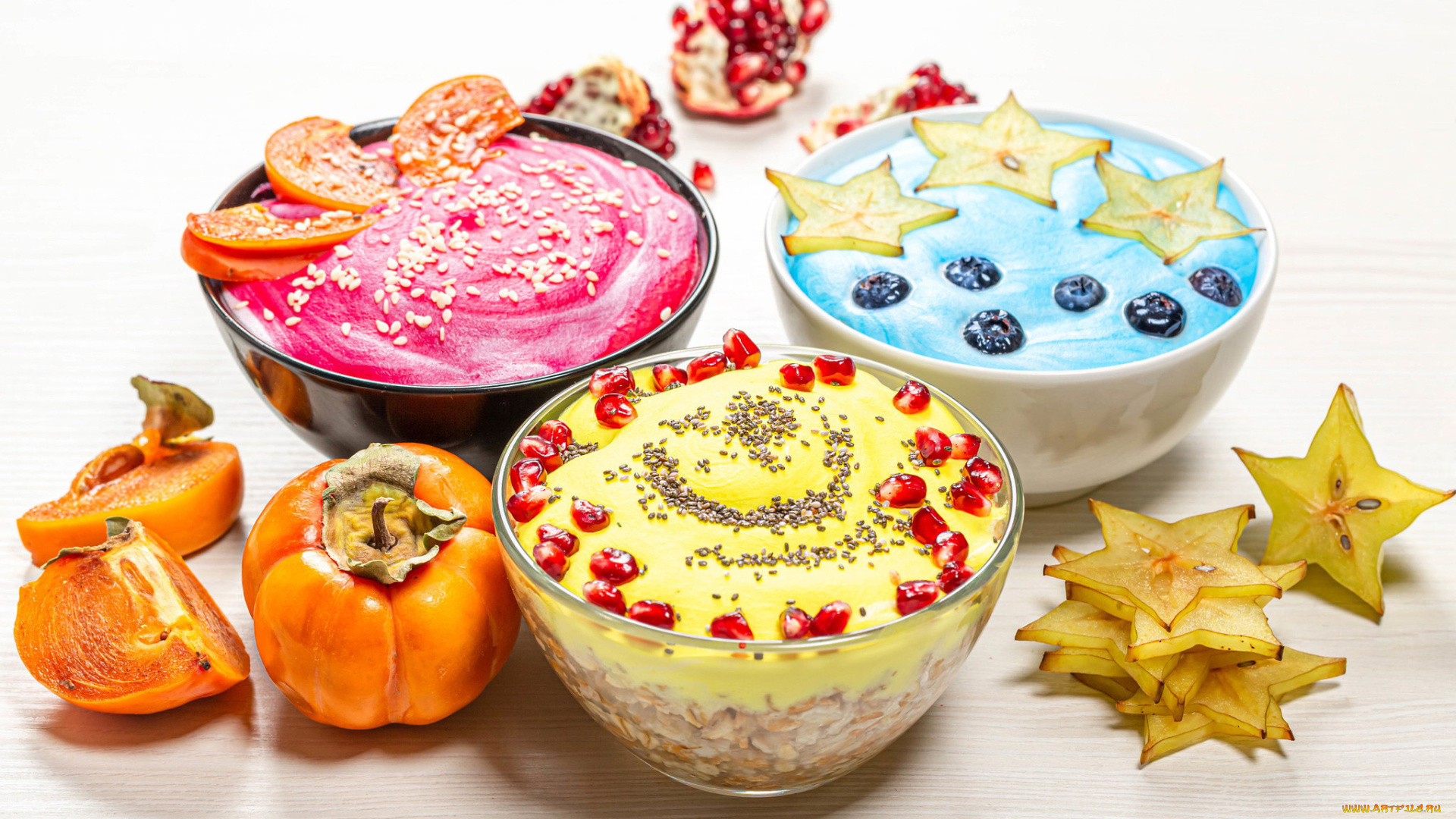 еда, мороженое, , десерты, карамбола, хурма, гранат, десерты