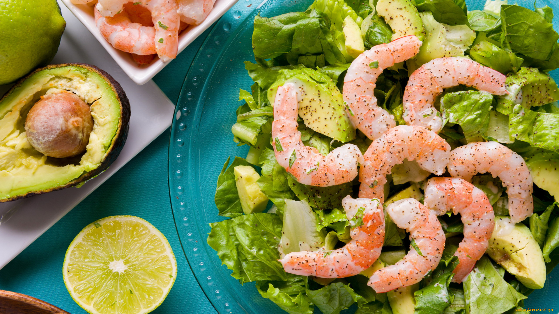 еда, рыбные, блюда, , с, морепродуктами, авокадо, креветки, лайм