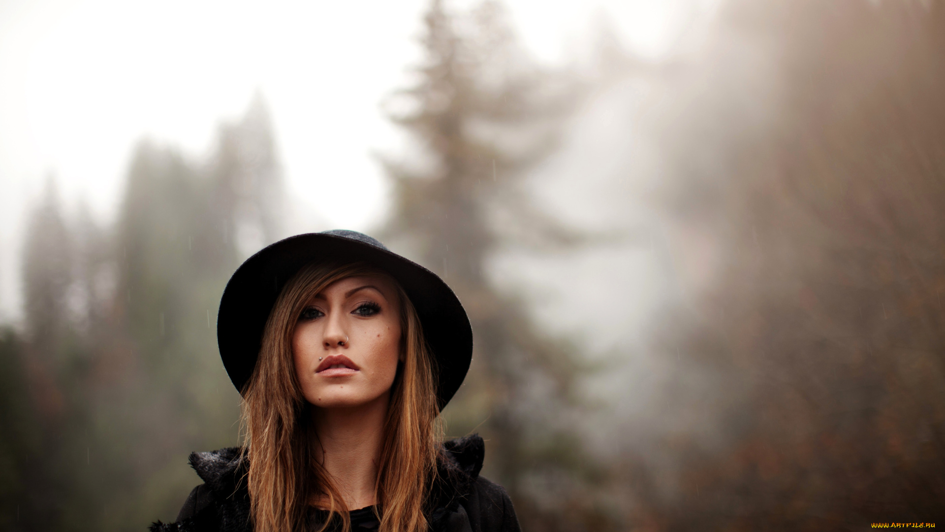 девушки, -, лица, , портреты, русая, лицо, шляпа, лес, туман