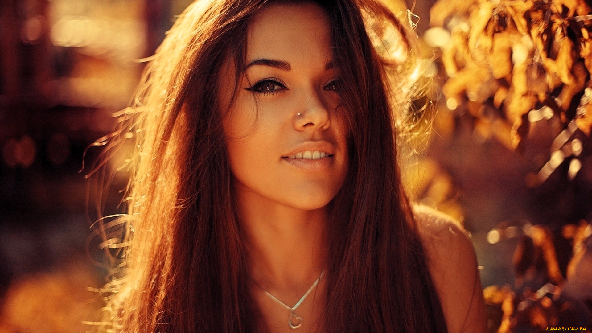 девушки, -, лица, , портреты, шатенка, лицо, ветки, осень