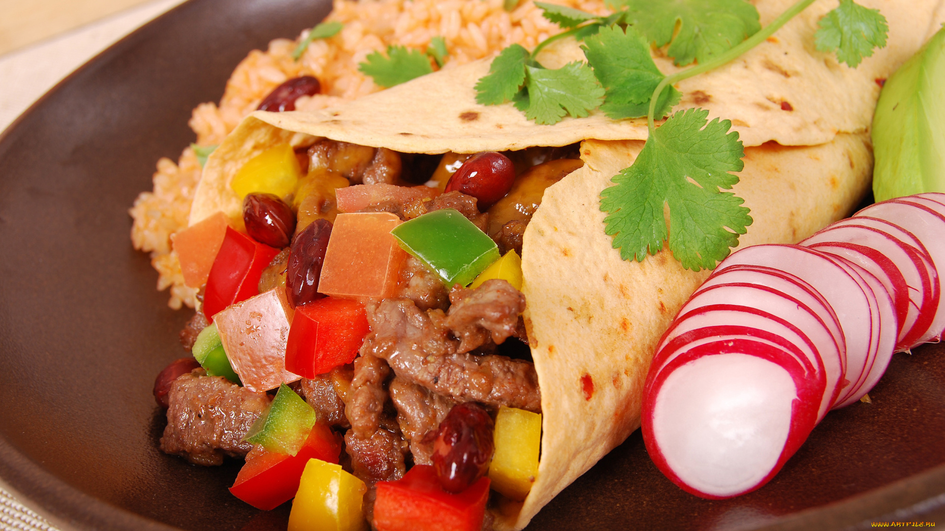 еда, блины, , оладьи, такос, начинка, редис, петрушка, овощи, мясо