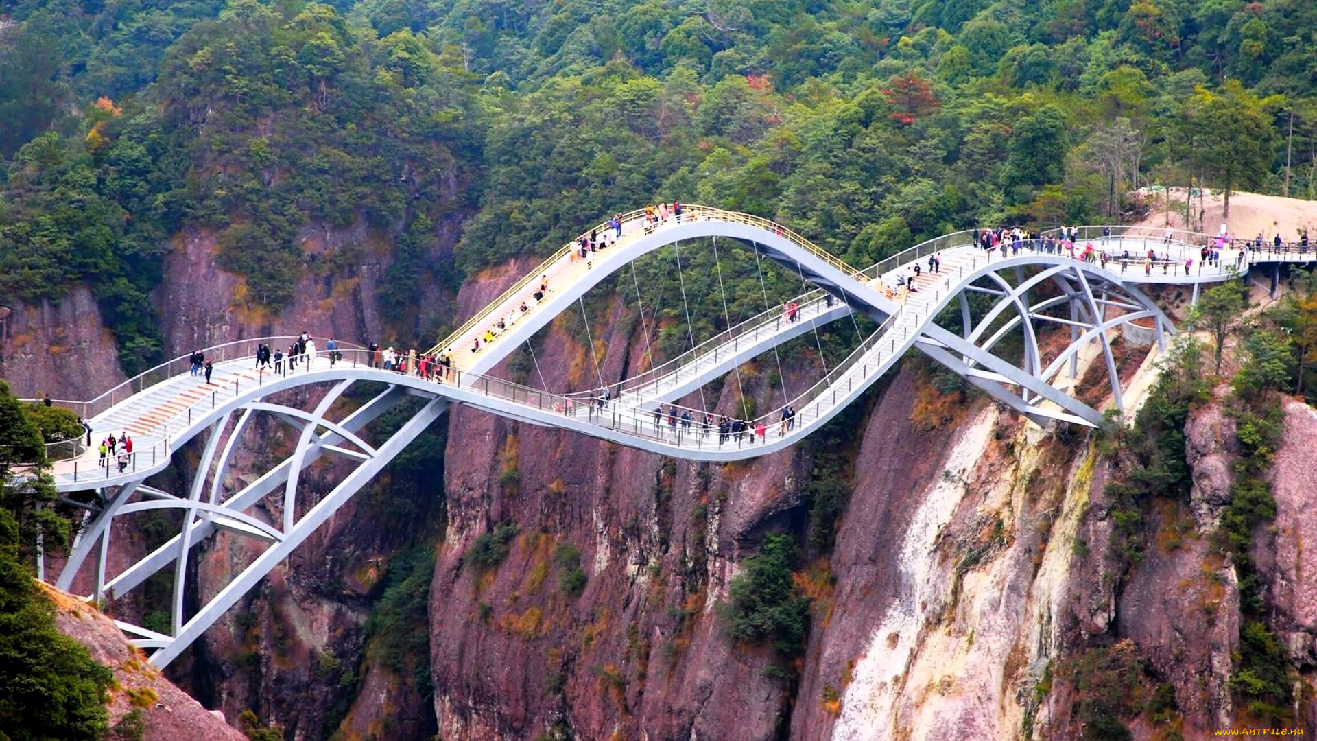 города, -, мосты, мост, люди, скалы, лес, осень