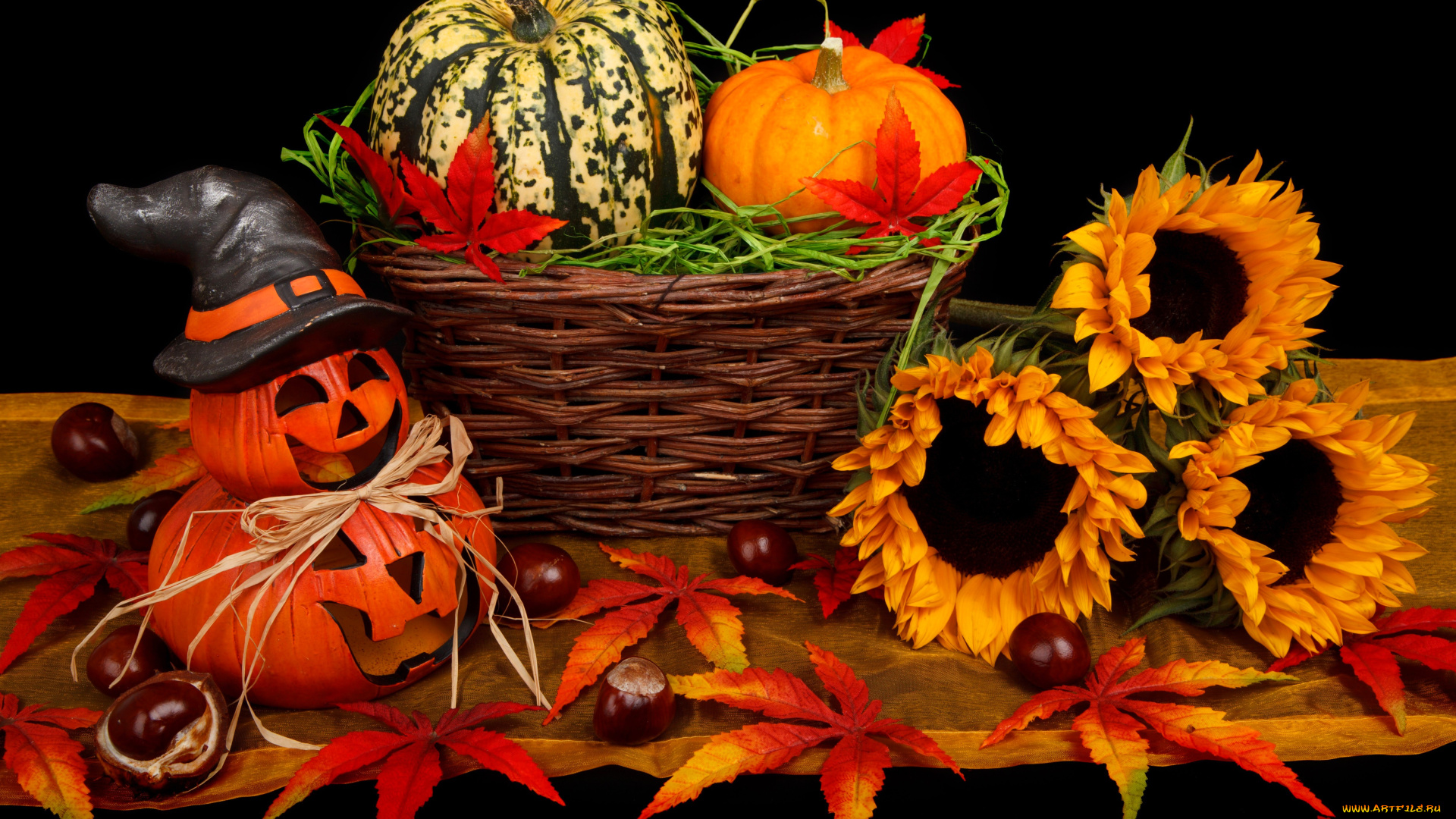 праздничные, хэллоуин, тыквы, шляпа, каштаны, листья, осень, корзина, подсолнухи