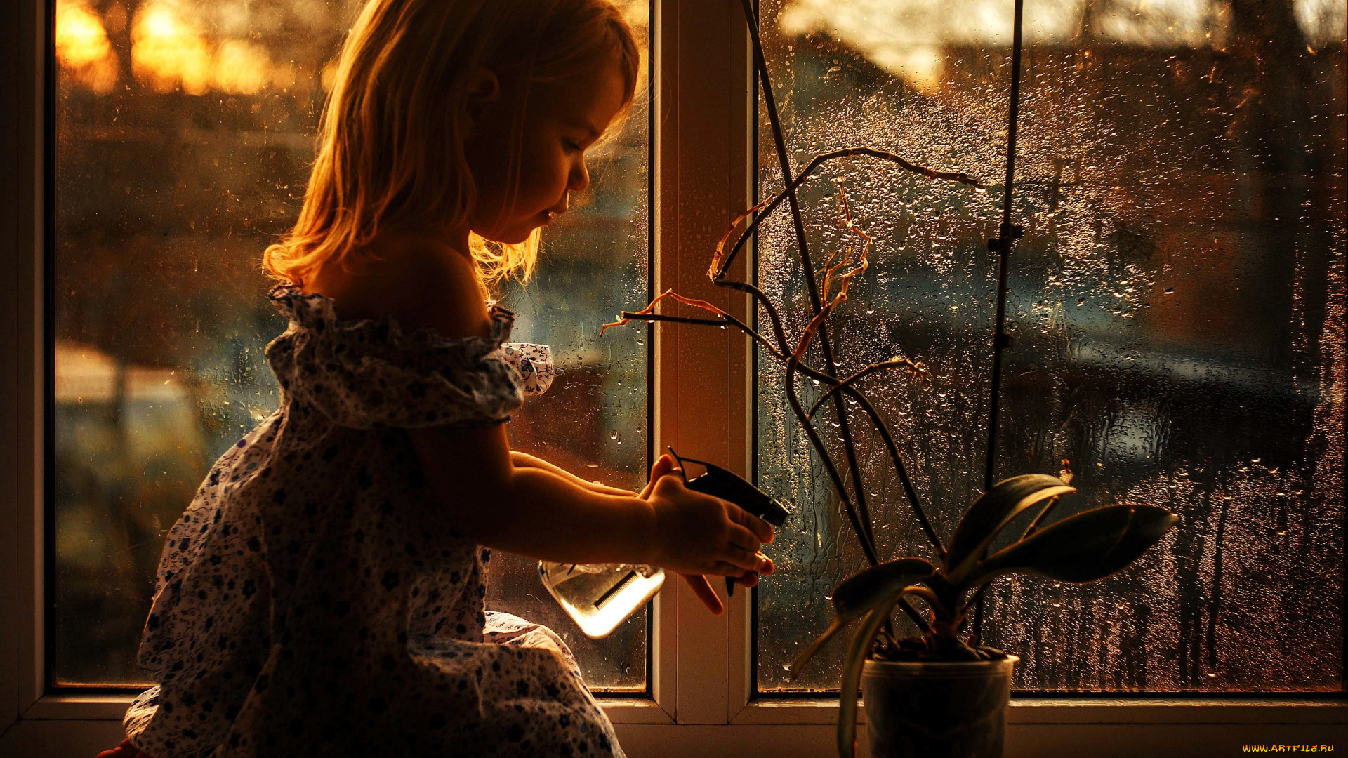 разное, дети, девочка, платье, цветок, окно, дождь, подоконник