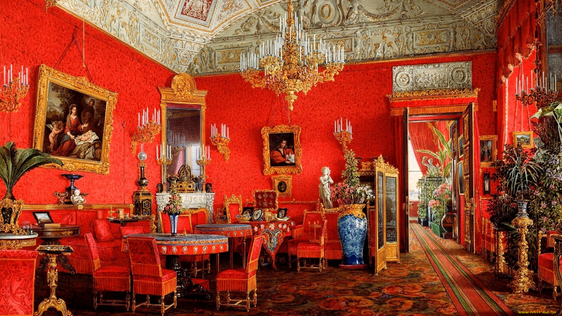 рисованное, эдуард, гау, дворец, интерьер, комната, свод, лепнина, люстра, стулья, столы, ковер, картины, свечи, шторы, вазы