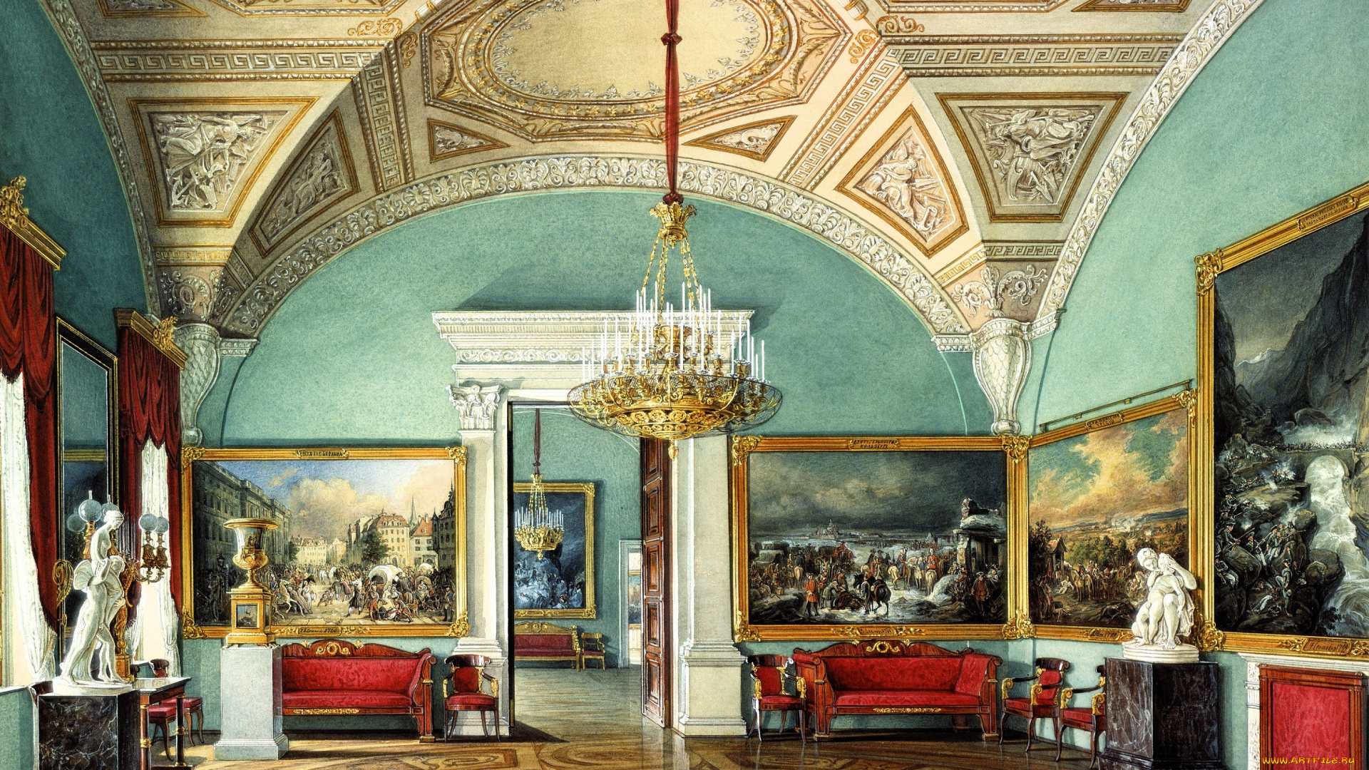 рисованное, эдуард, гау, дворец, интерьер, зал, люстра, лепнина, картины, диваны, статуи