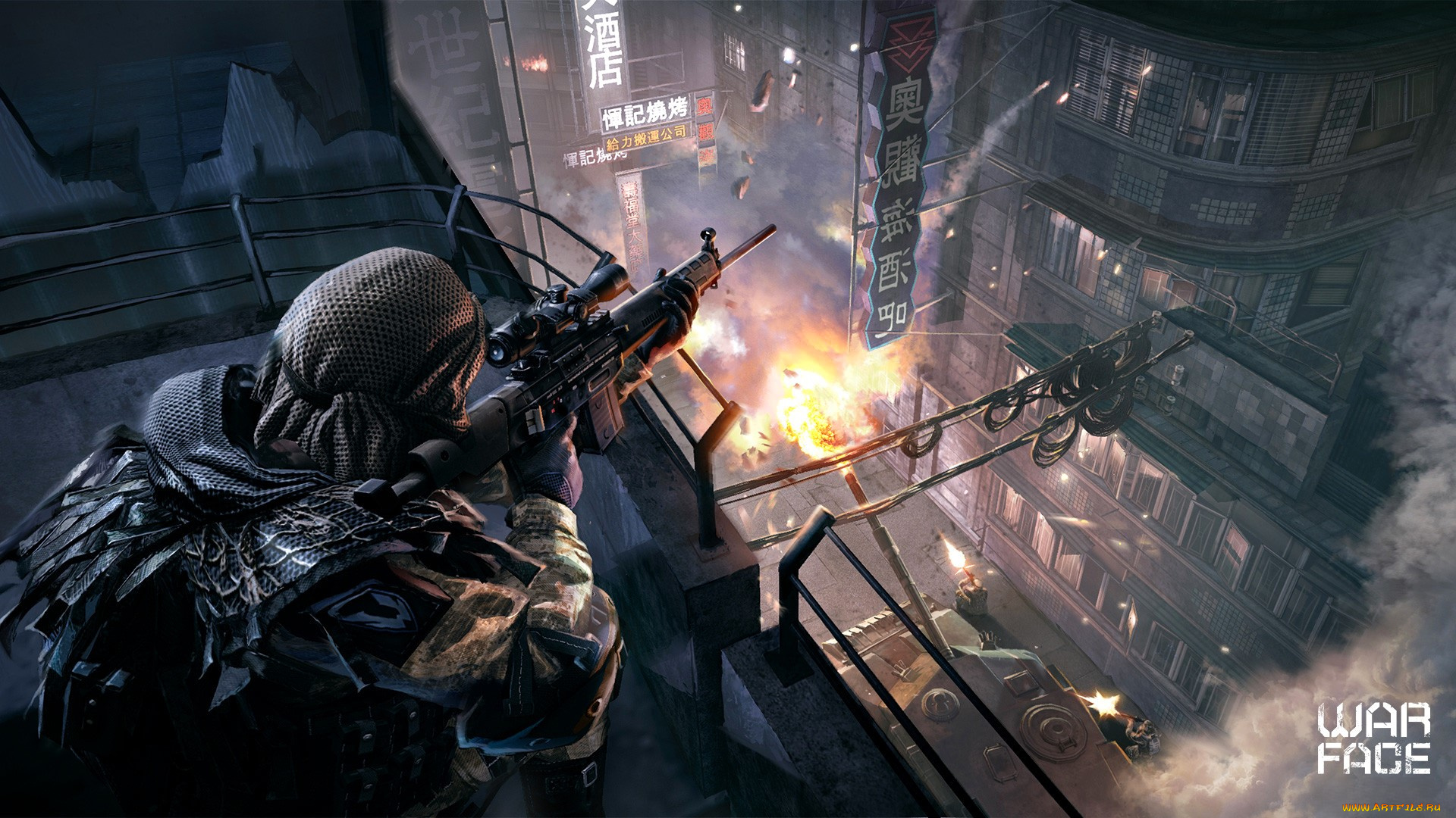 видео, игры, warface, снайпер, форма, оружие, дома, город, взрыв, огонь