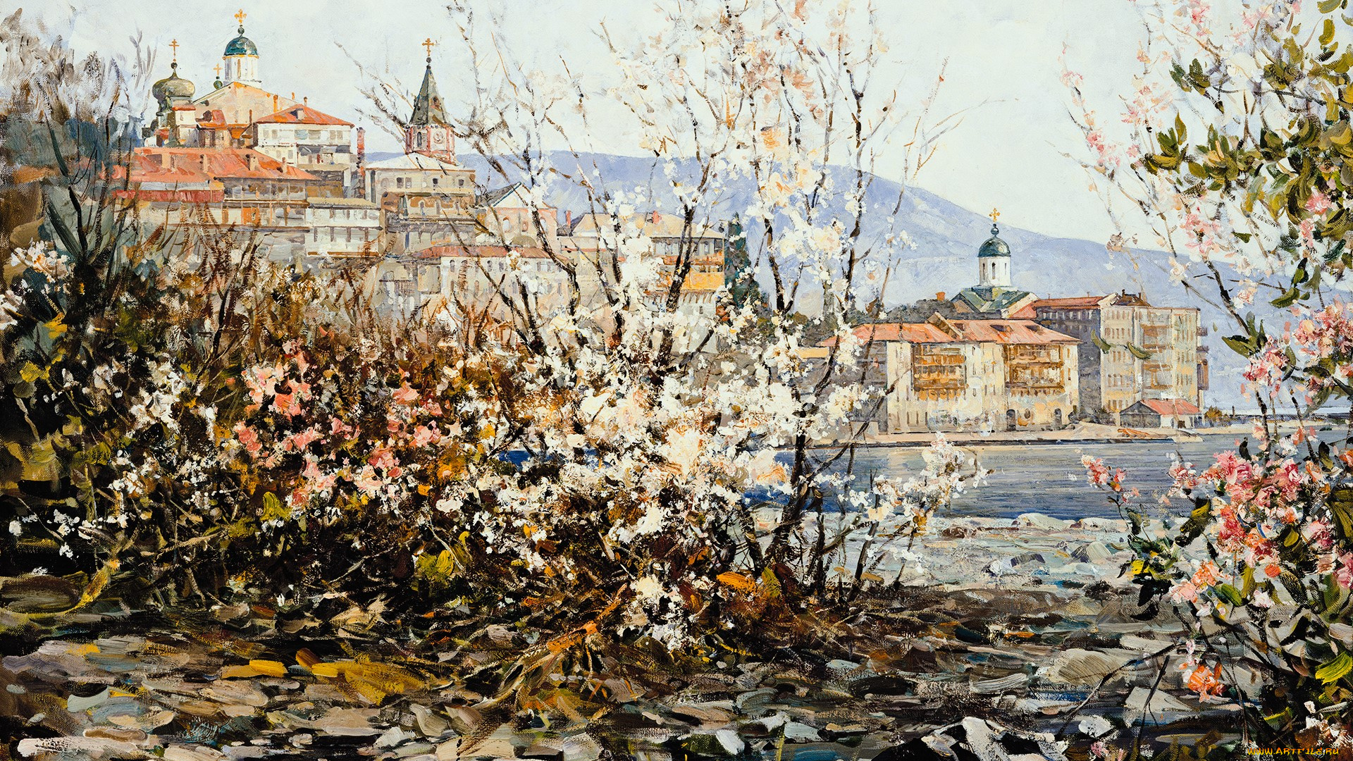 времена, года, , весна, на, афоне, рисованное, василий, нестеренко, кусты, весна, цветение, монастырь, море