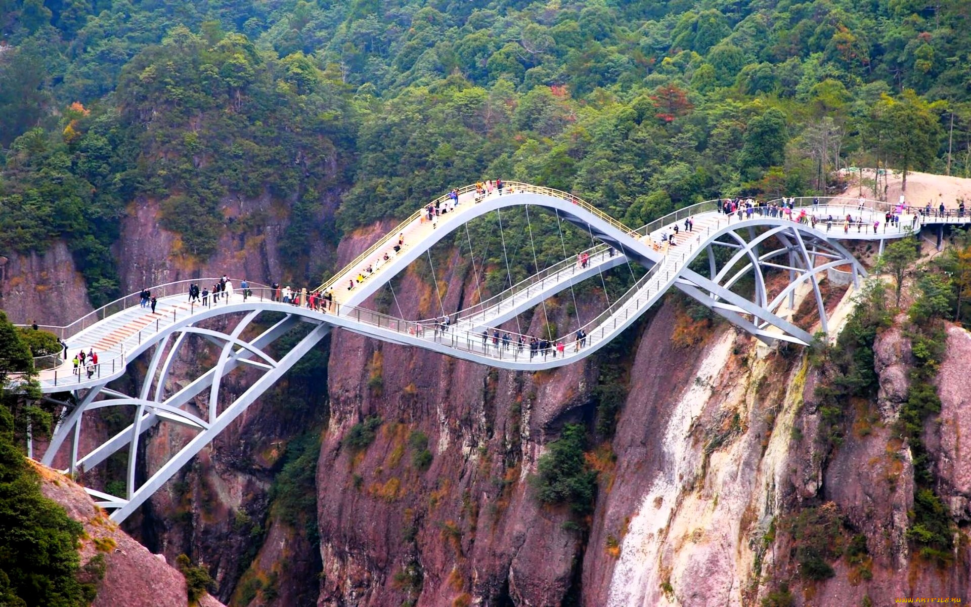 города, -, мосты, мост, люди, скалы, лес, осень