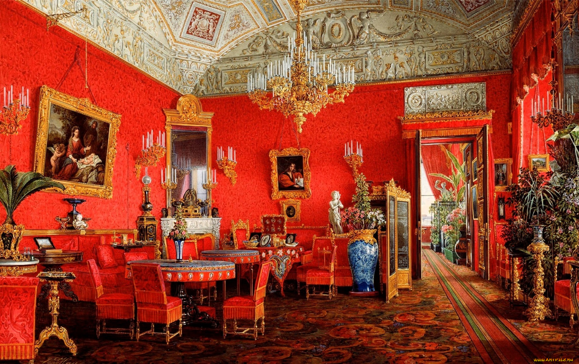 рисованное, эдуард, гау, дворец, интерьер, комната, свод, лепнина, люстра, стулья, столы, ковер, картины, свечи, шторы, вазы