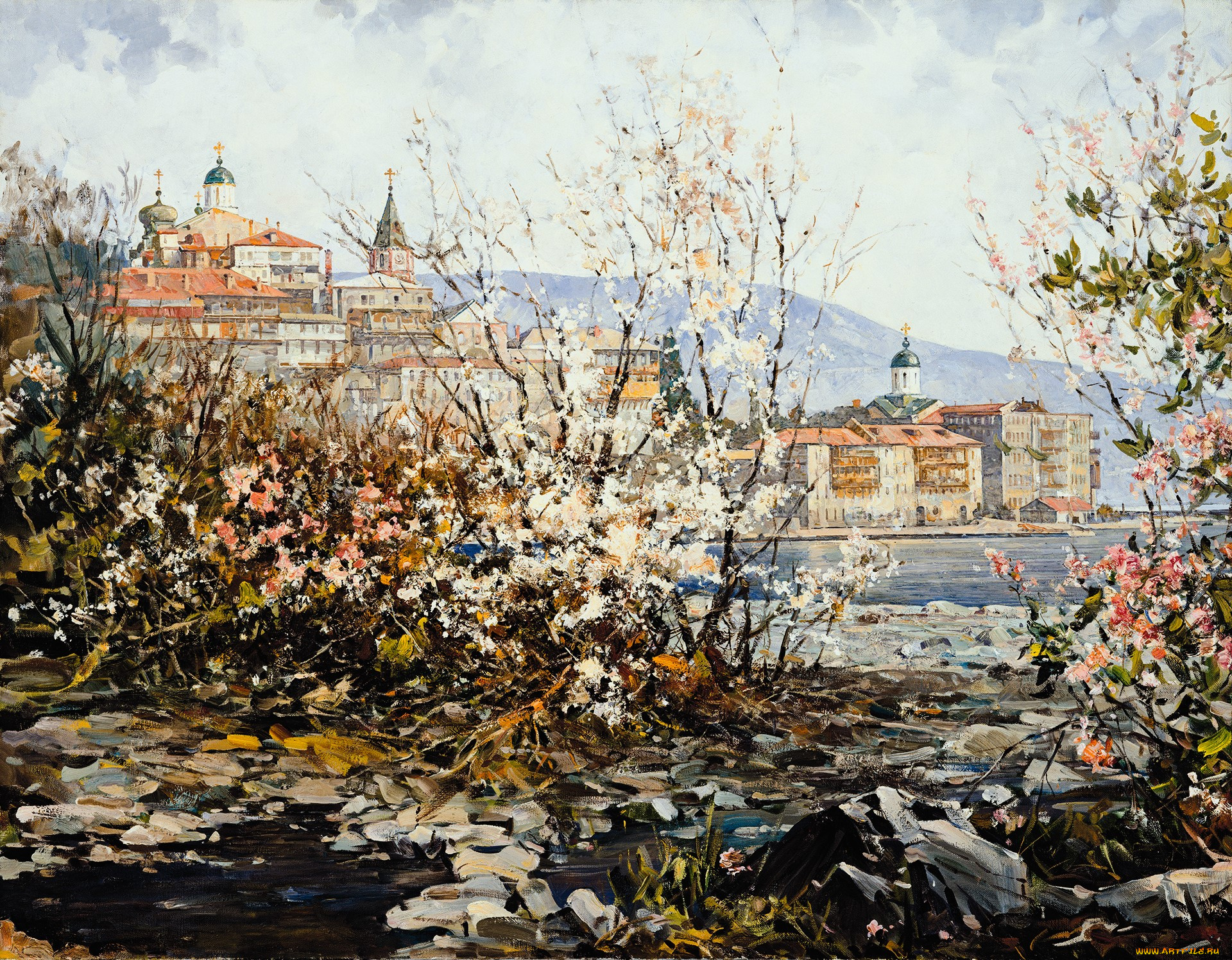 времена, года, , весна, на, афоне, рисованное, василий, нестеренко, кусты, весна, цветение, монастырь, море