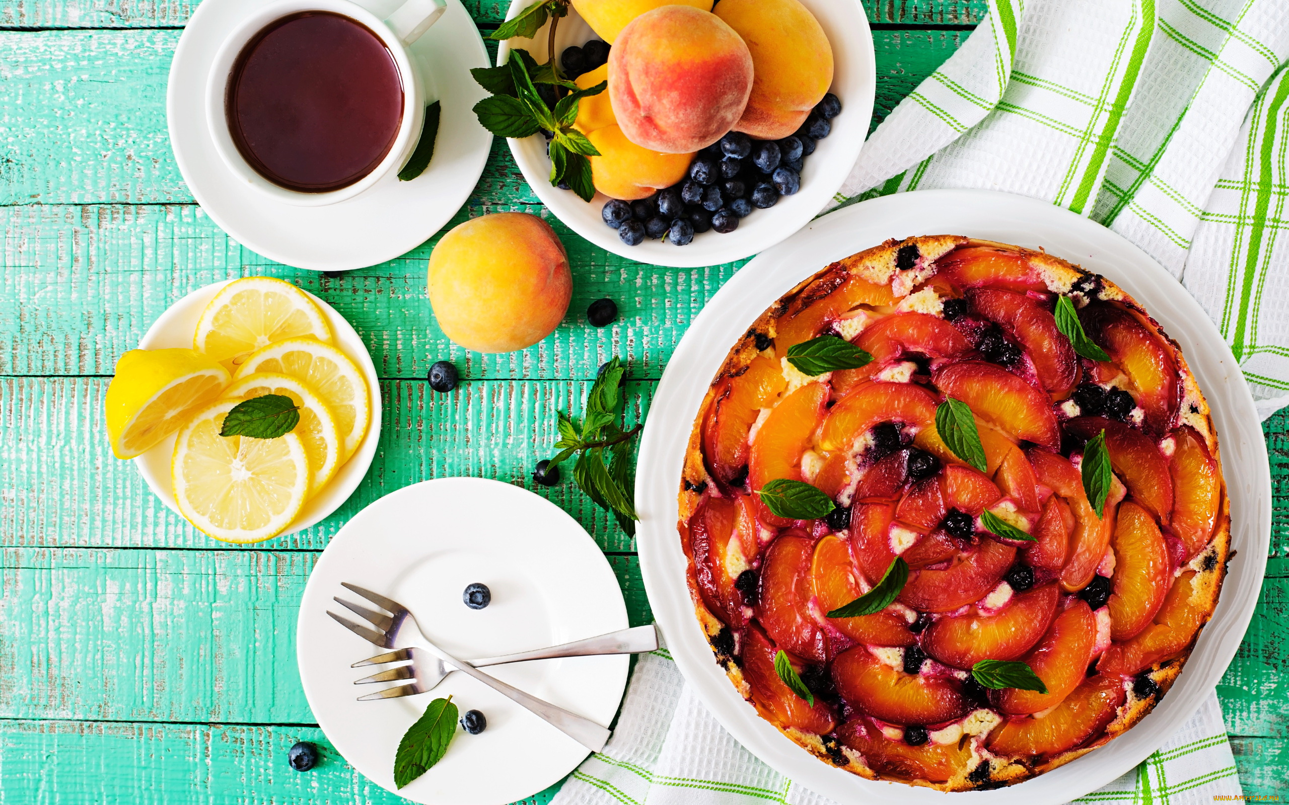 еда, пироги, чай, лимон, пирог, персики