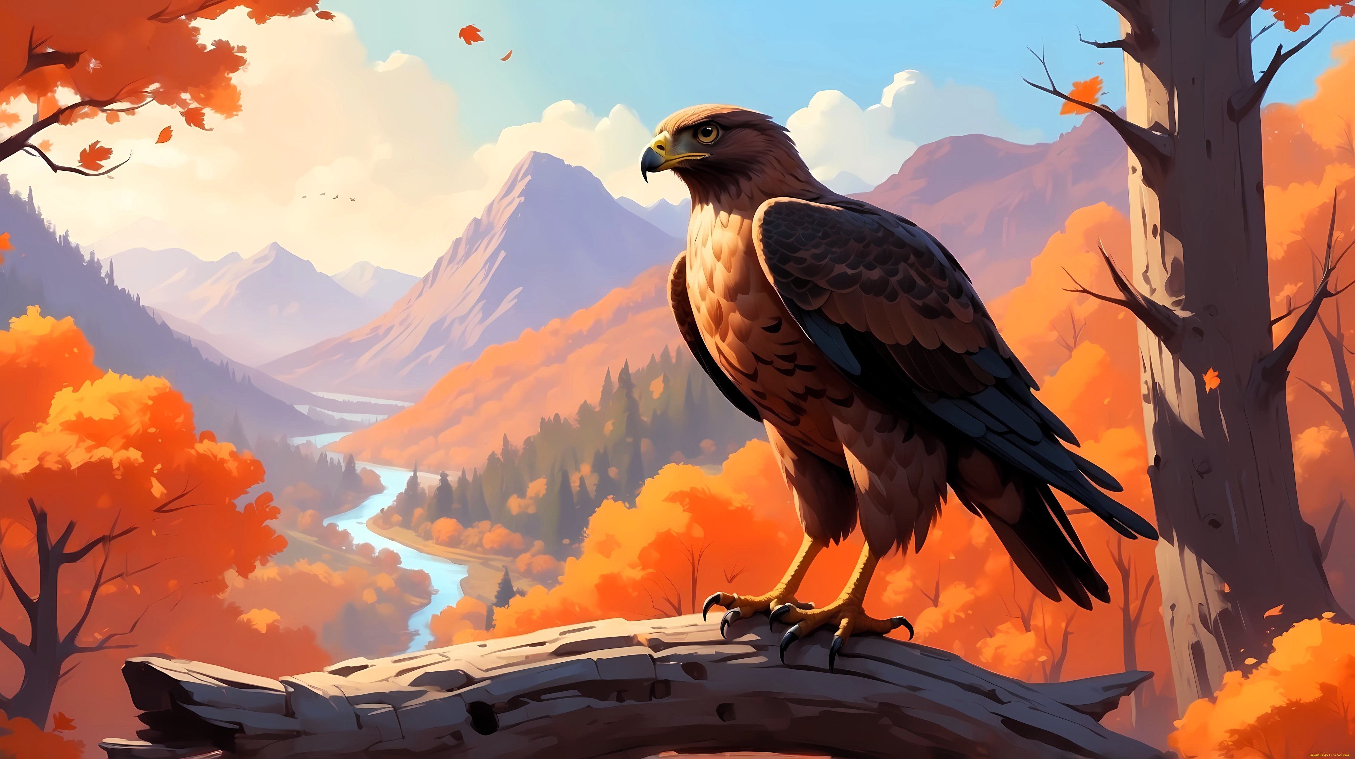рисованное, животные, , птицы, , орлы, ястреб, птица, осень, бревно, река, лес, горы