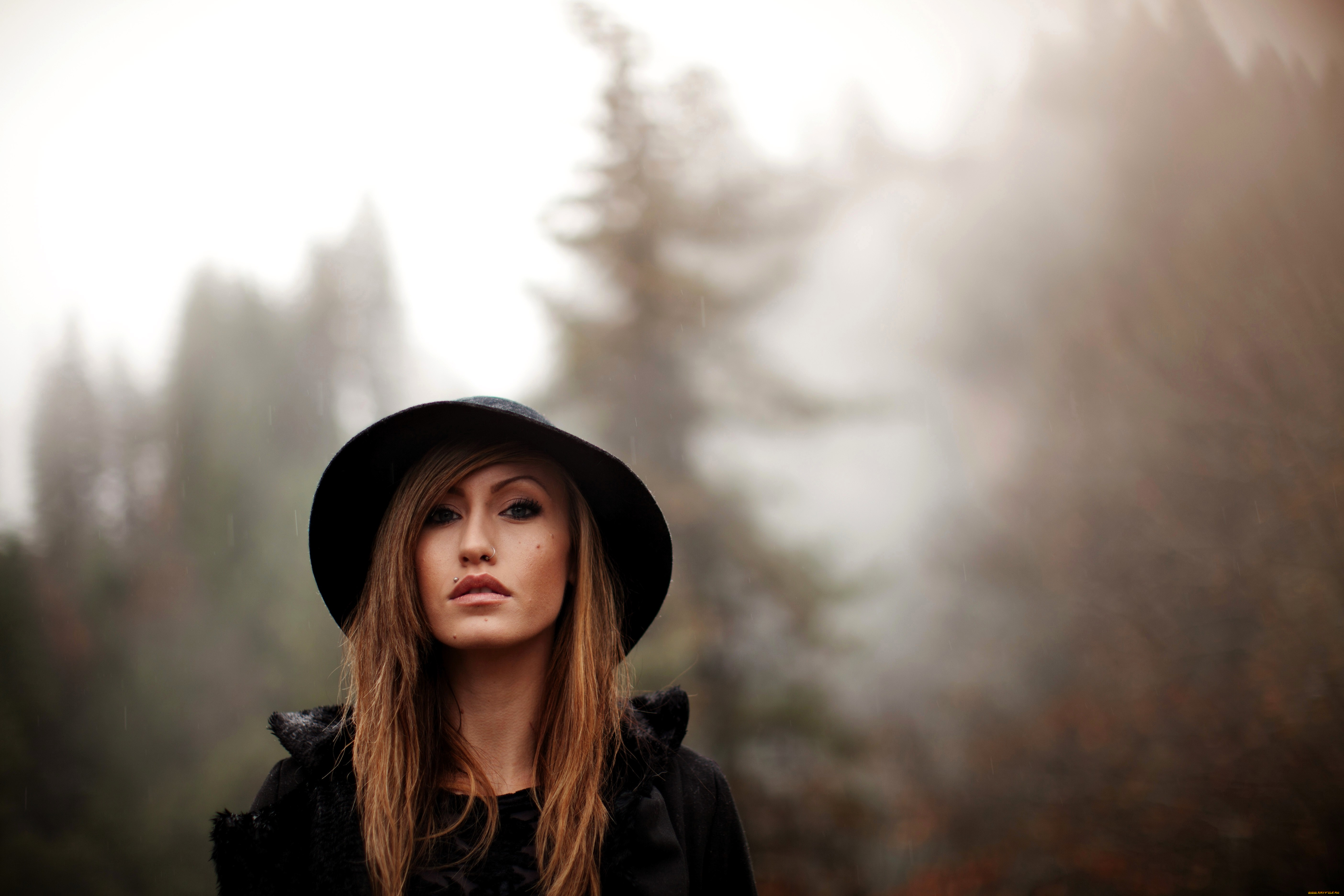 девушки, -, лица, , портреты, русая, лицо, шляпа, лес, туман