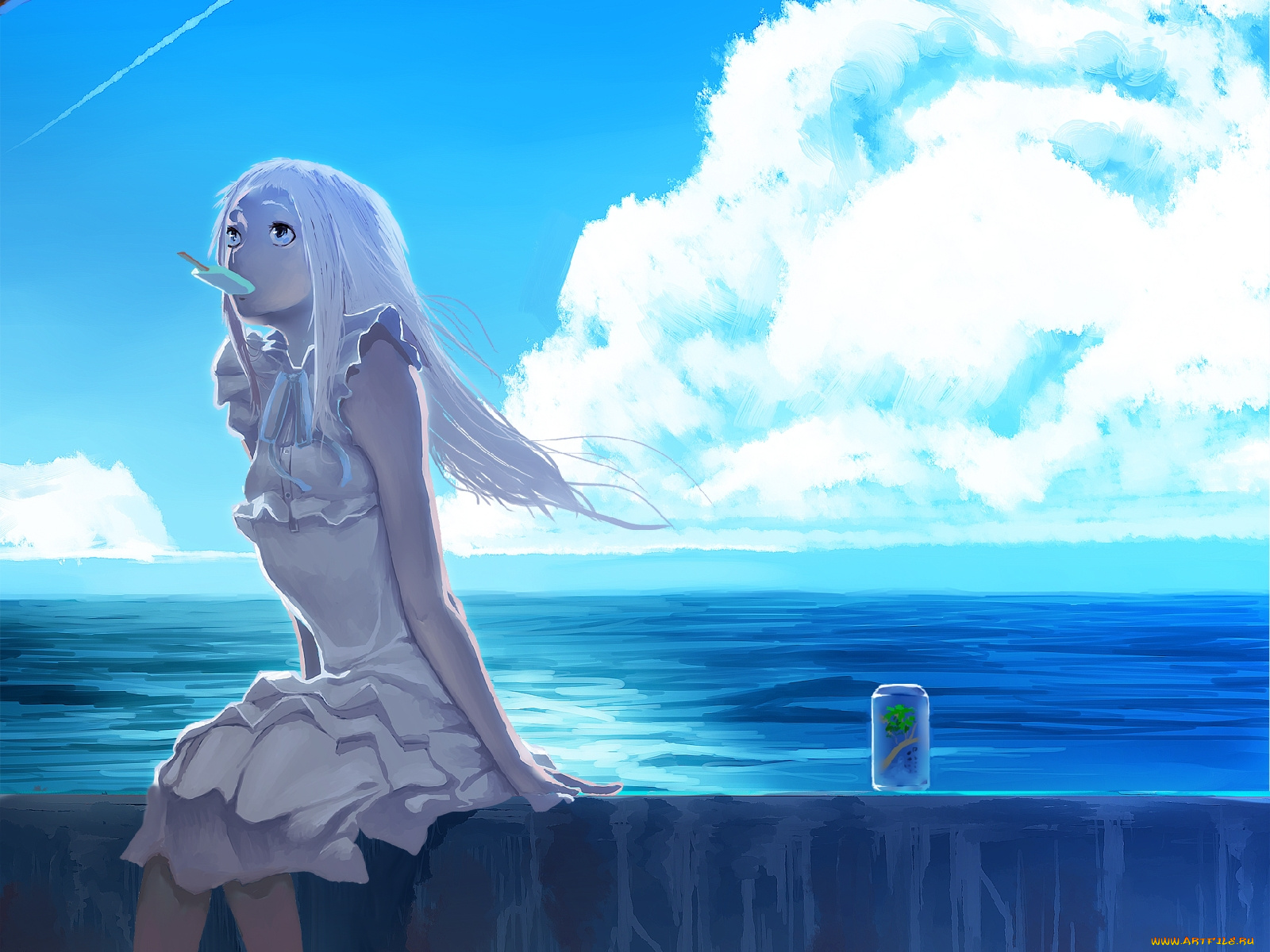 аниме, anohana, небо, море, мороженое, девушка