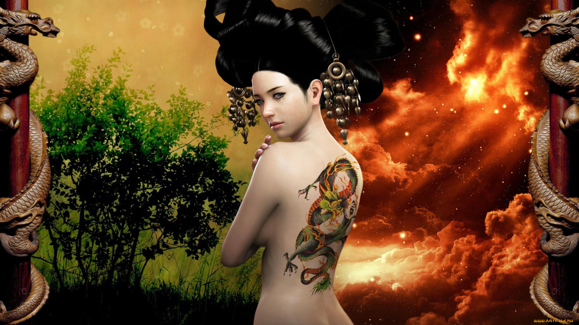 3д, графика, people, люди, тату, Японка, гейша
