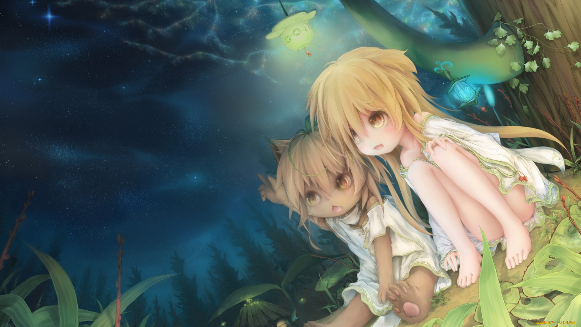 аниме, animals, девочка, лес, котенок, ночь