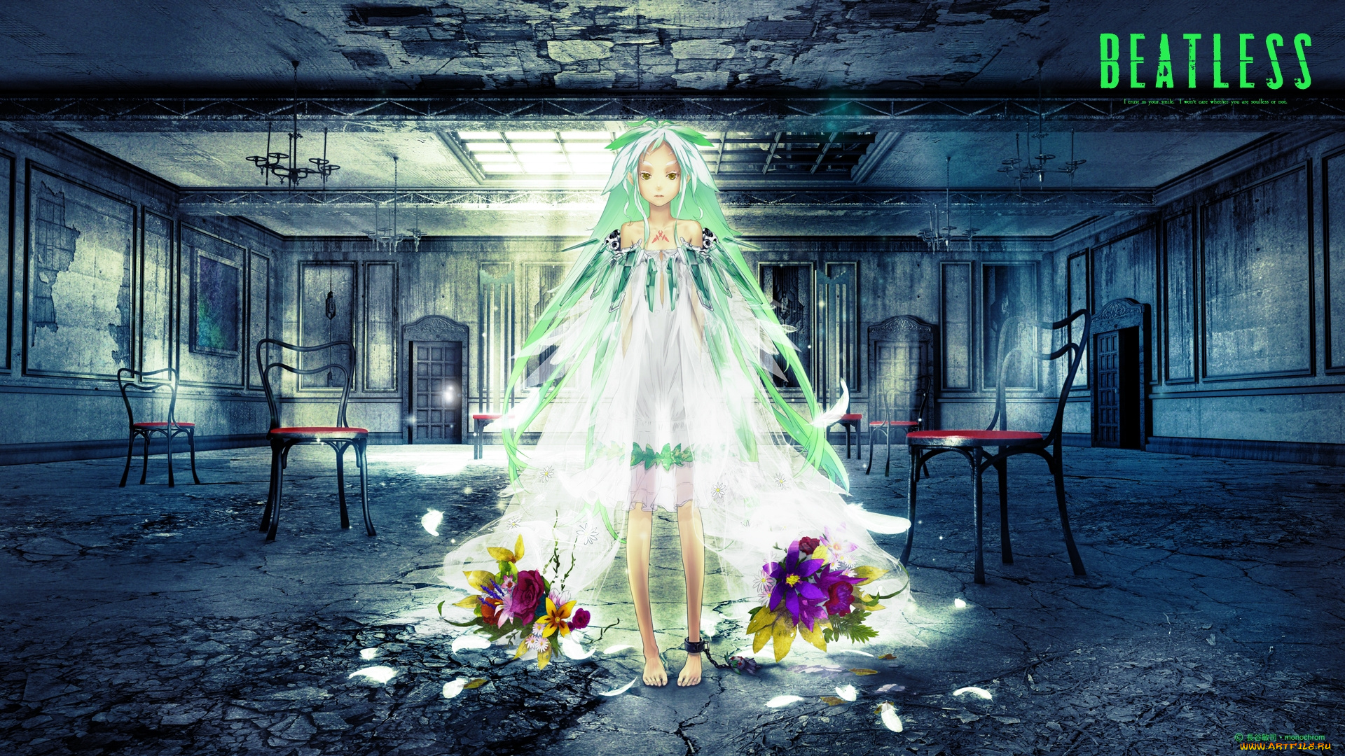 аниме, beatless, ангел, сияние, девушка, зал