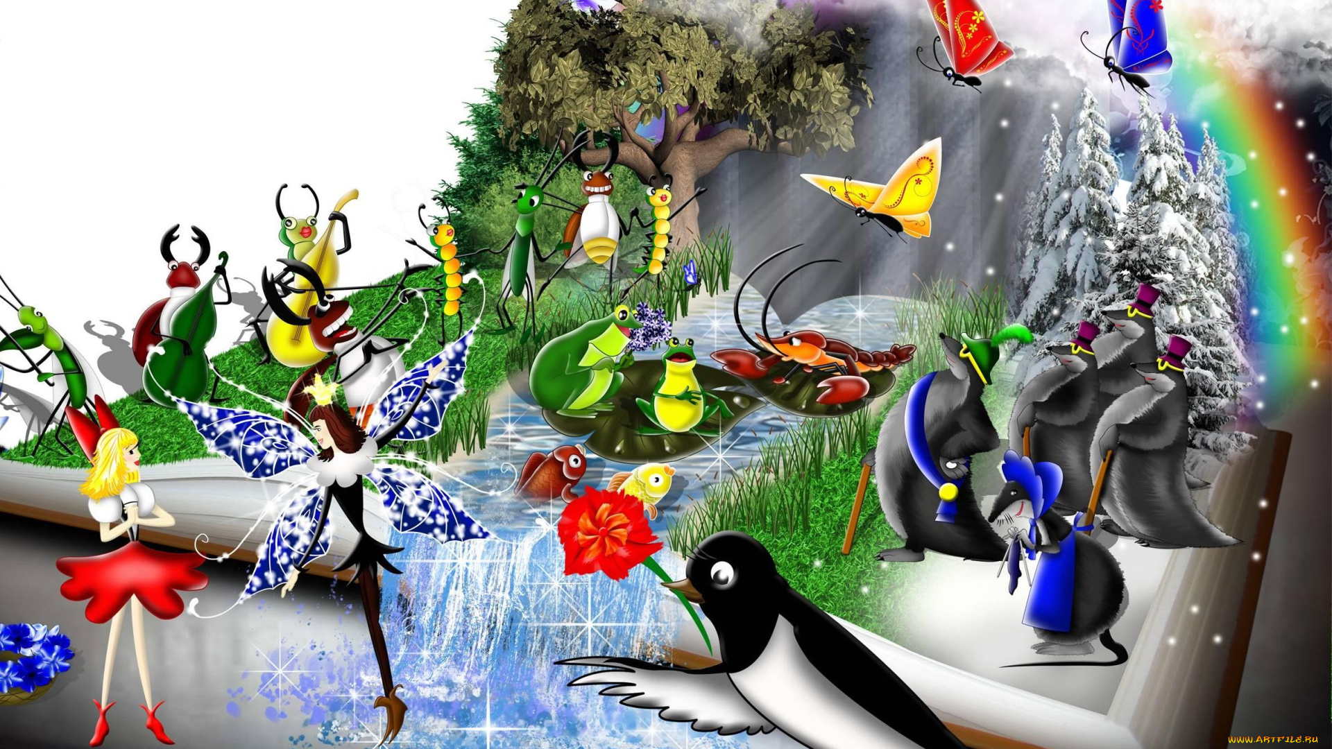 дюймовочка, мультфильмы, unknown, разное, жаба, эльф, крот, ласточка