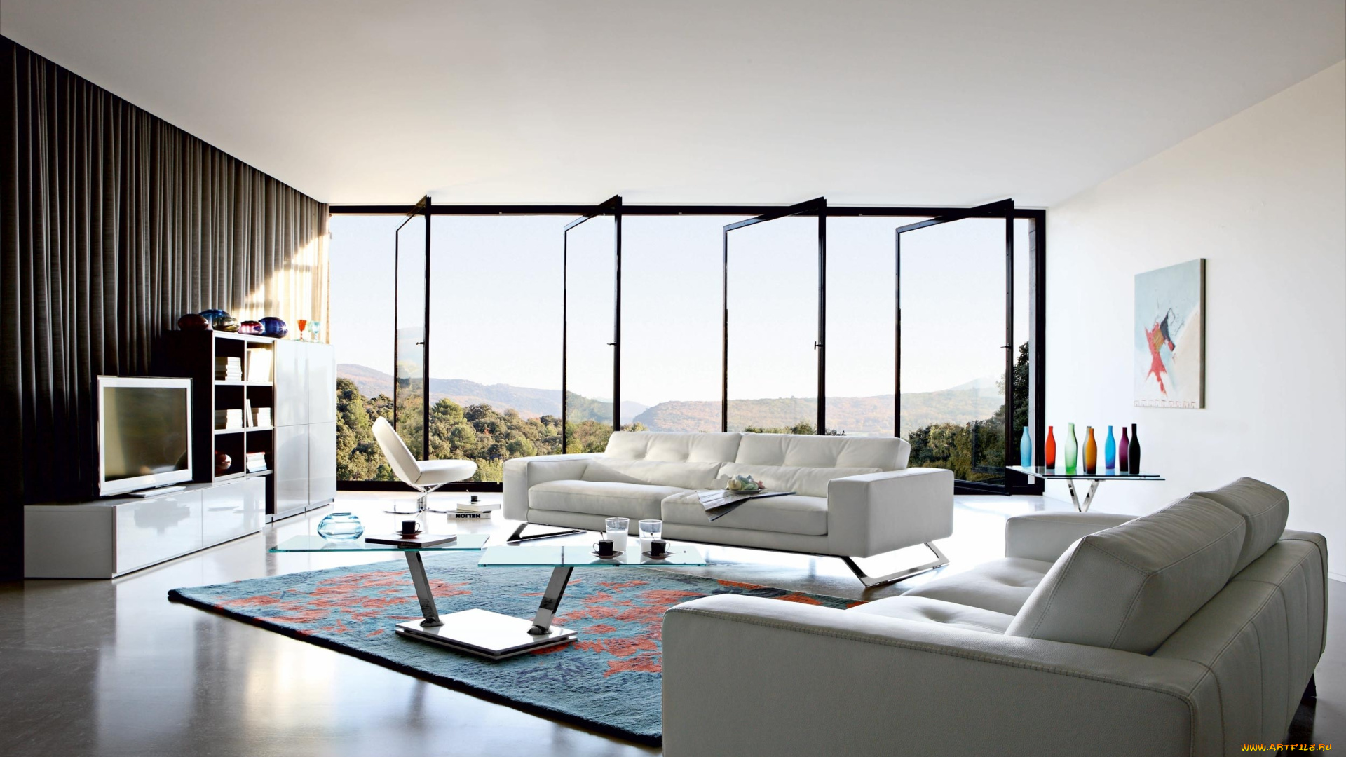 интерьер, гостиная, диван, телевизор, окна, столик, современный