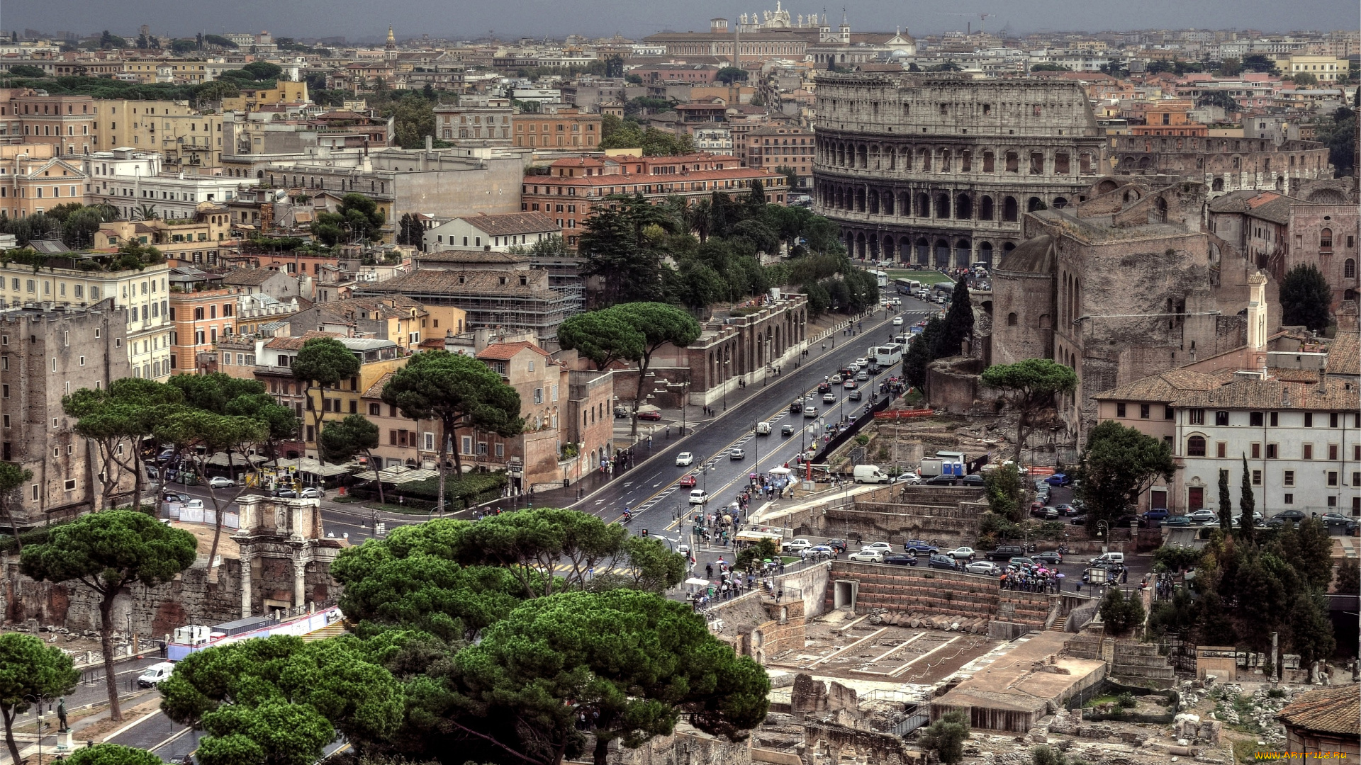рим, города, ватикан, италия, деревья, дорога, здания, колизей