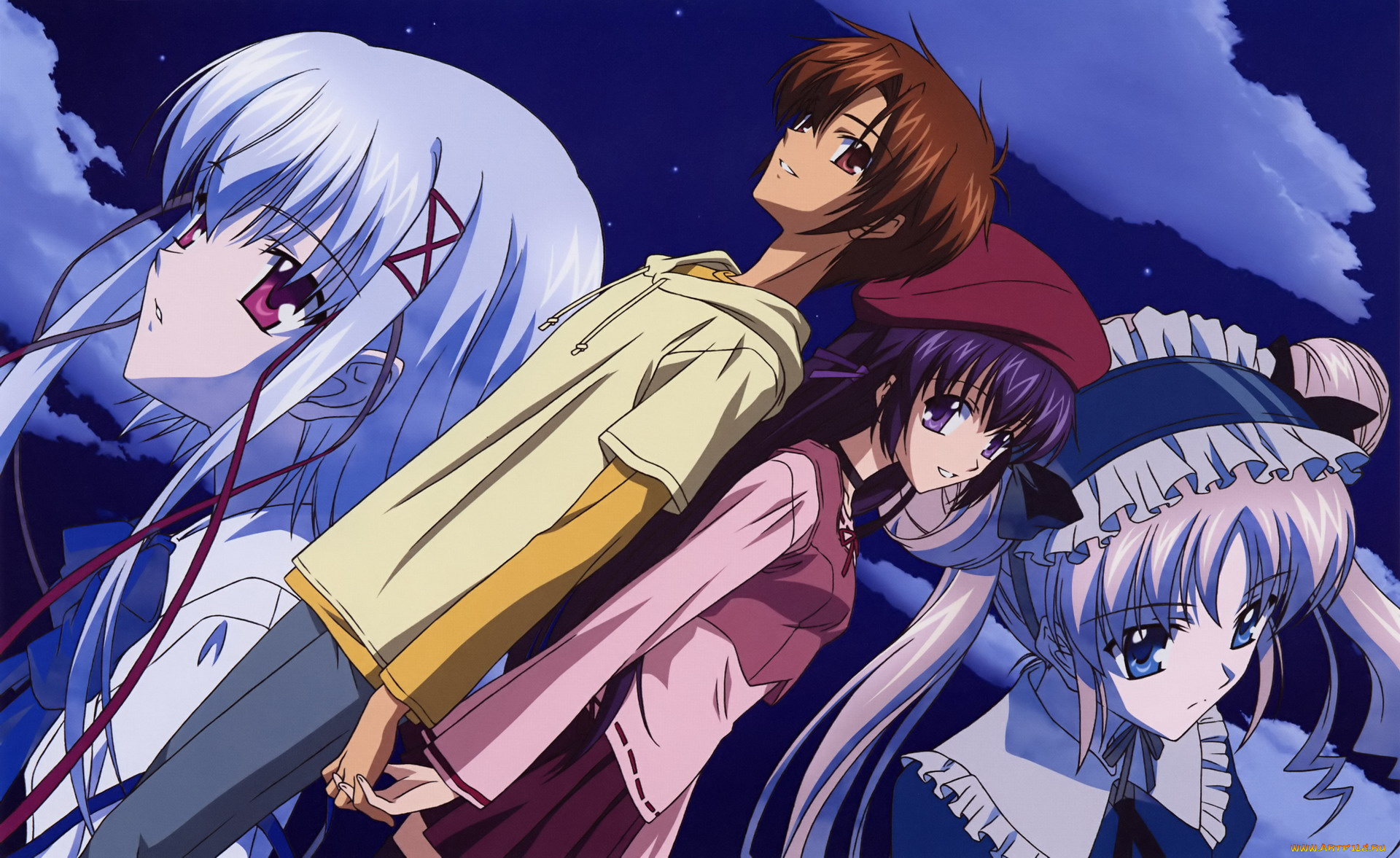 аниме, sola, небо, девушки, парень