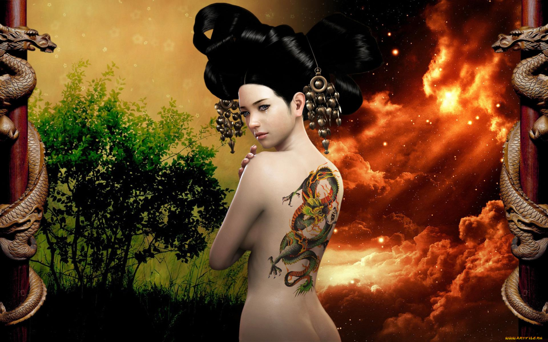 3д, графика, people, люди, тату, Японка, гейша